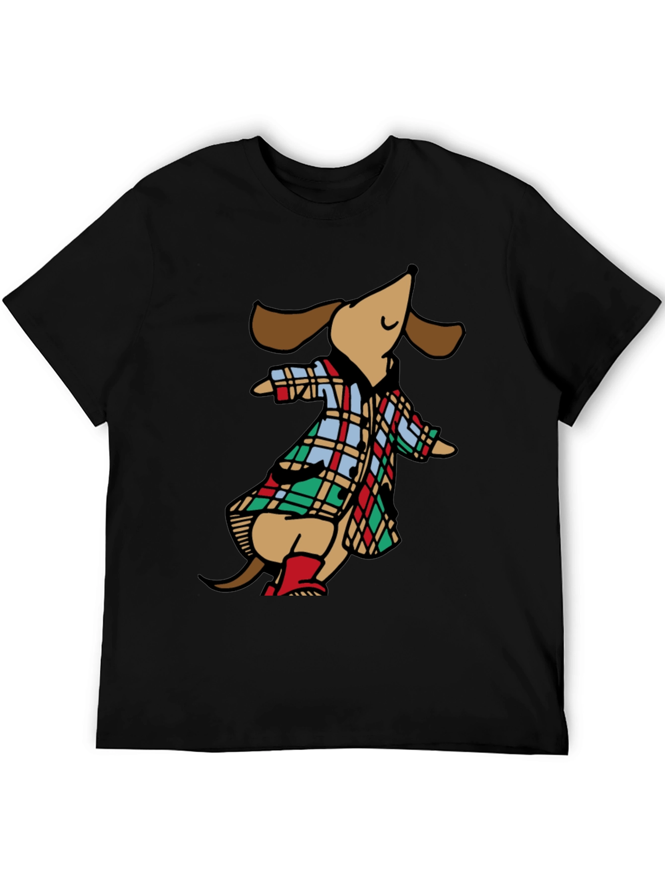 Black Dachshund in Plaid Raincoat T-Shirt view 5