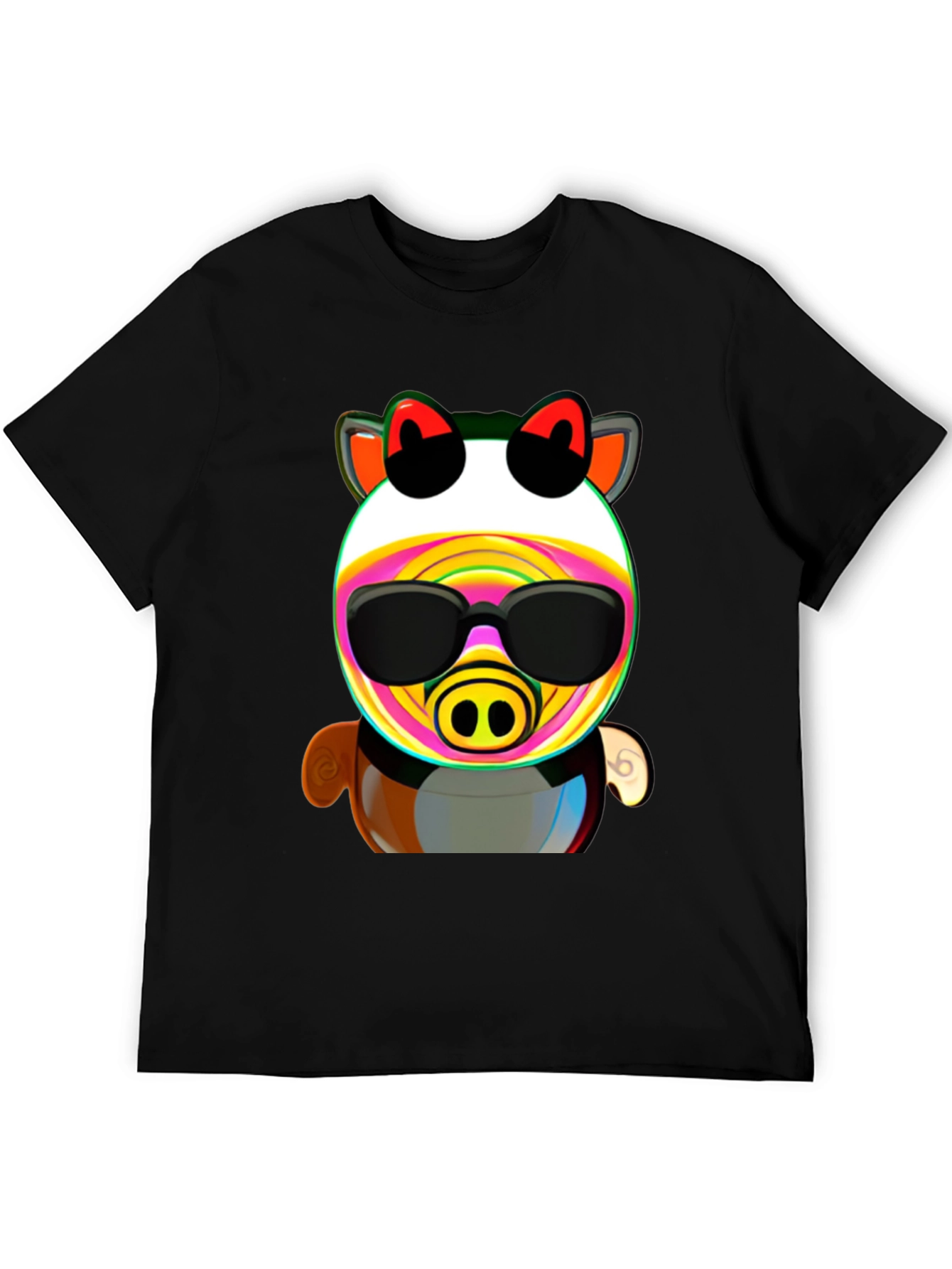 Black Cartoon Pig in Sunglasses Graphic Tee - Black view 5