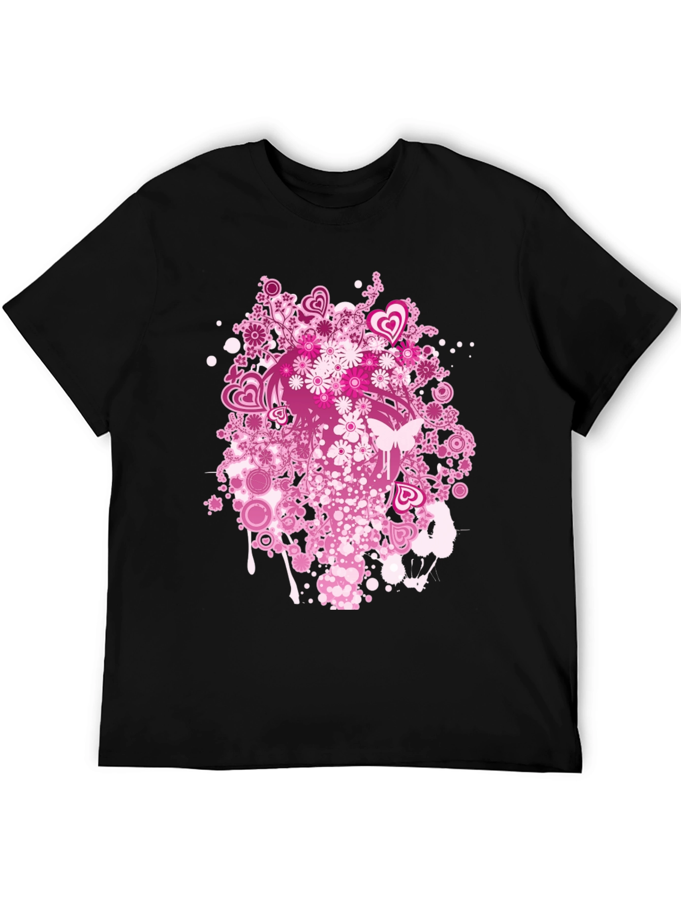 Black Floral Heart Print Black T-Shirt view 5