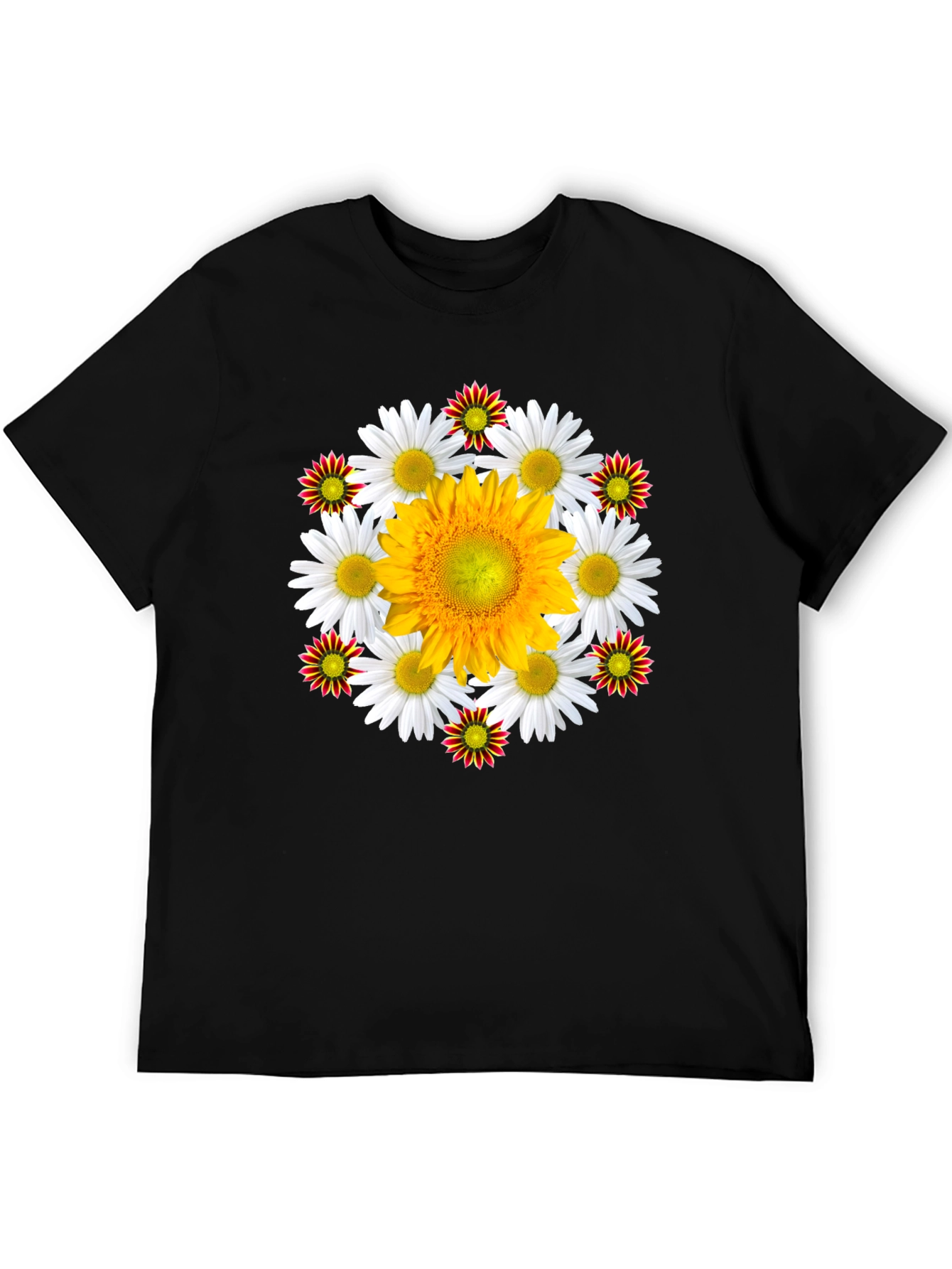 Black Floral T-Shirt: Sunflower & Daisy Design view 5