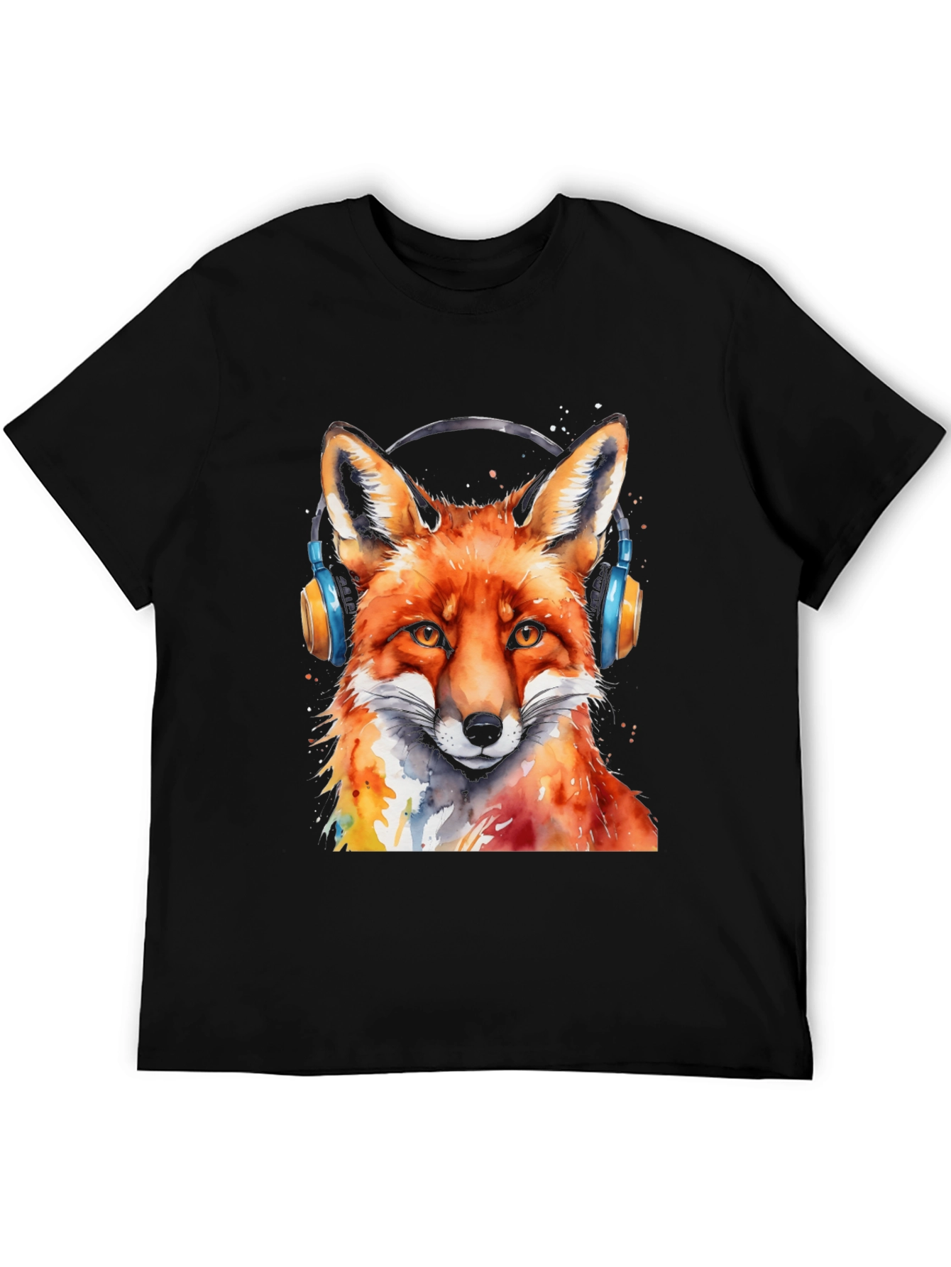 Black Cool Fox Headphones T-Shirt view 5