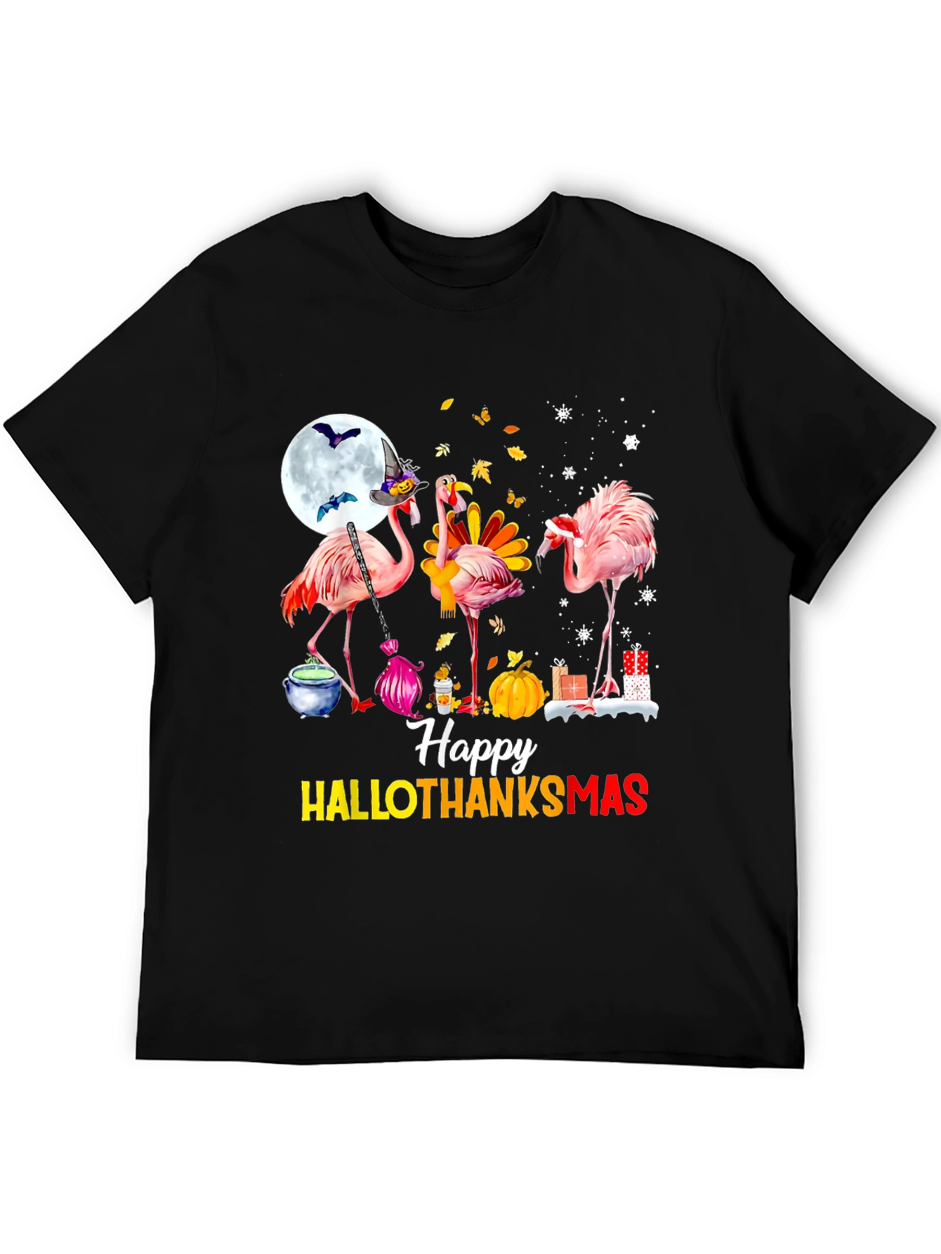 Black Happy HALLOTHANKS Christmas Flamingo T-Shirt view 5