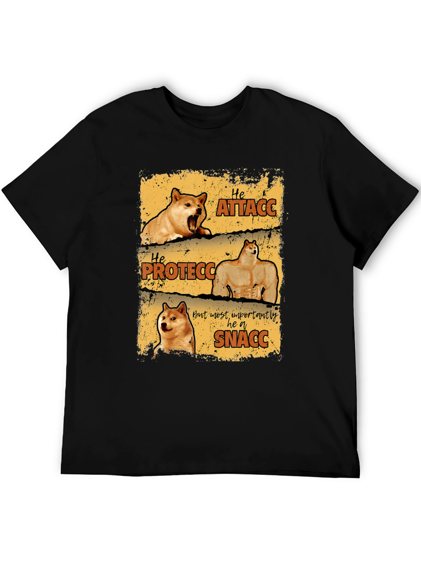 Black He Protecc Attacc Snacc Doge Meme T-Shirt view 5