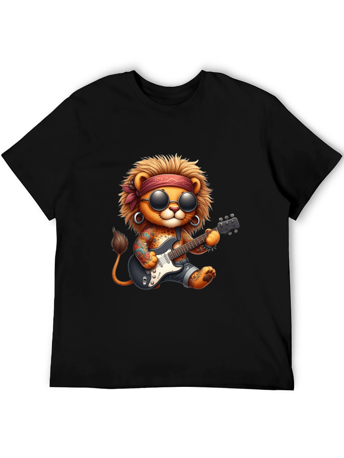 Black Cool Lion Guitarist Graphic Tee view 5