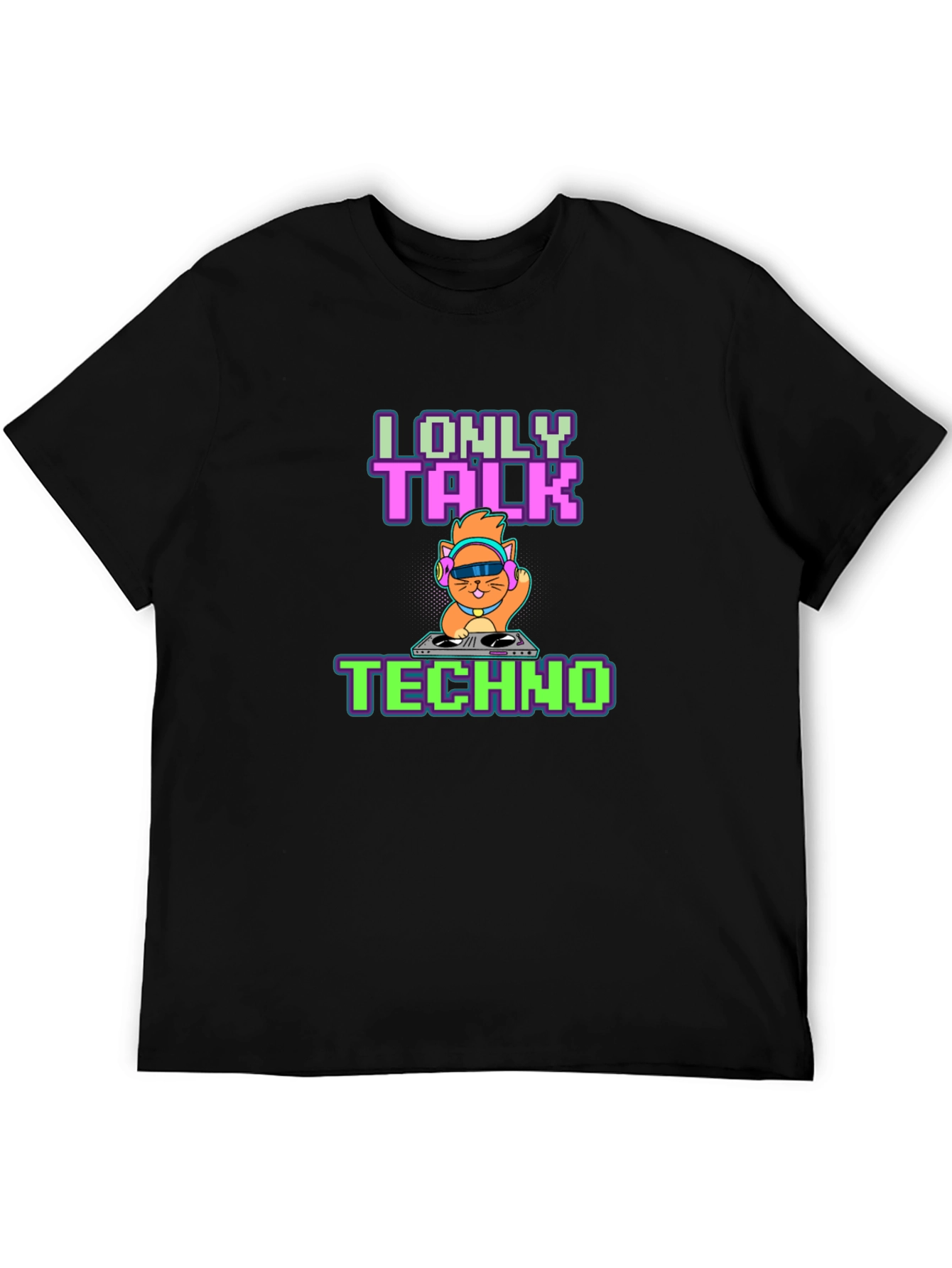 Black I Only Talk Techno DJ Cat Graphic Tee - Black view 5