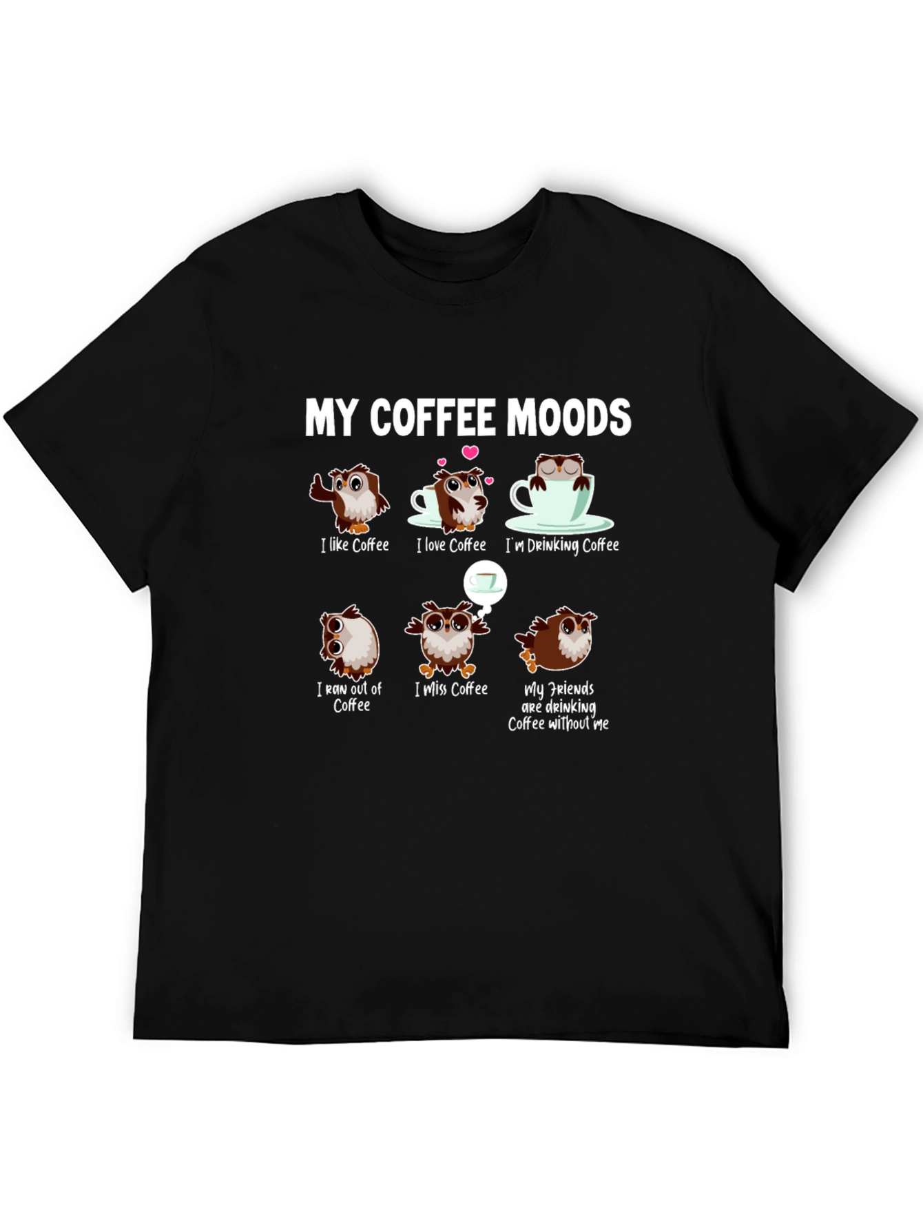 Black Coffee Moods Owl Graphic Tee - Funny Coffee Lover Shirt view 5