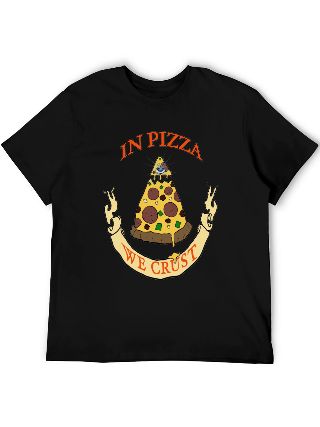 Black Pizza Graphic Tee - "In Pizza We Crust" Black Cotton T-Shirt view 5