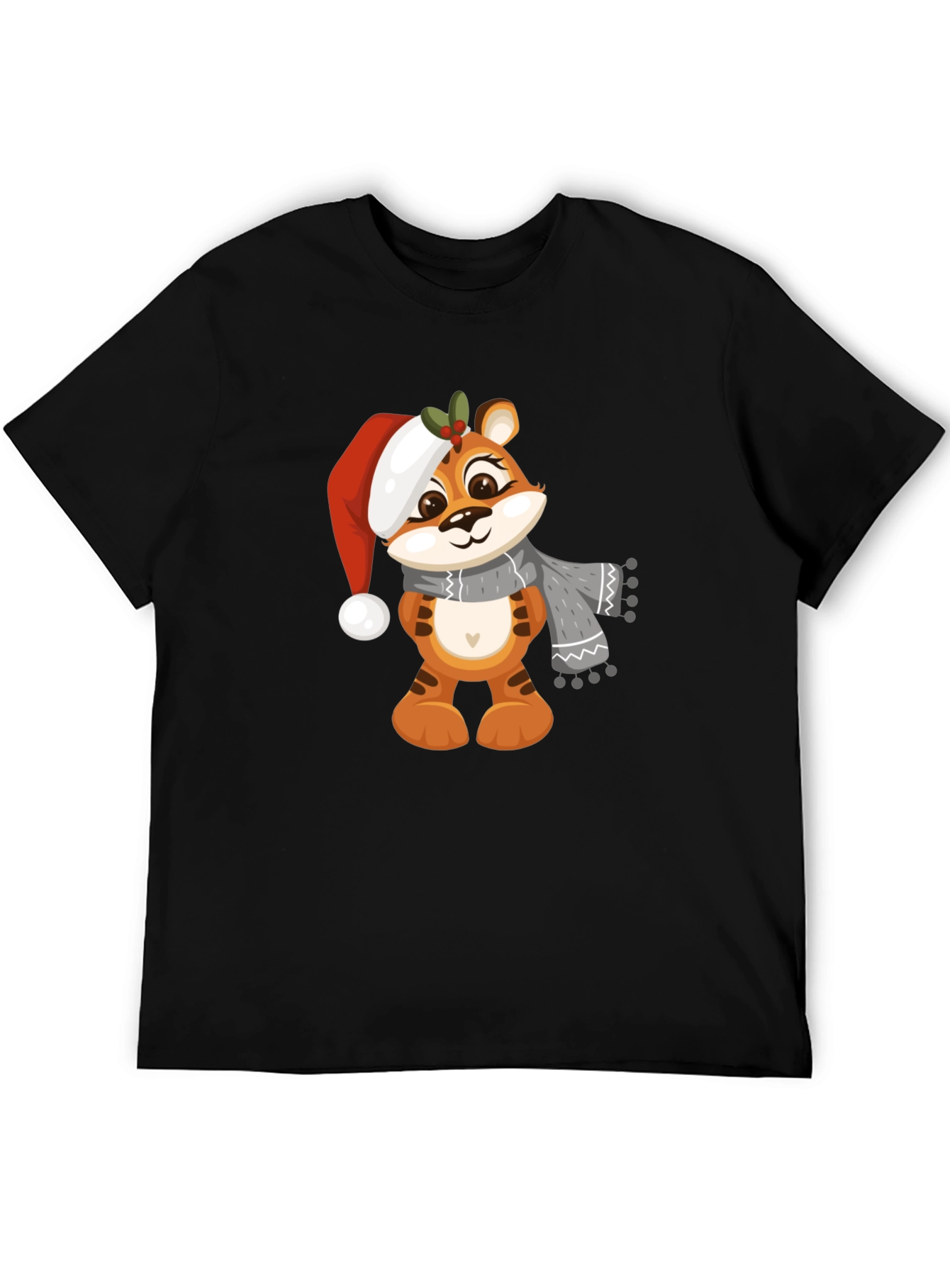Black Cute Cartoon Tiger Christmas T-Shirt view 5