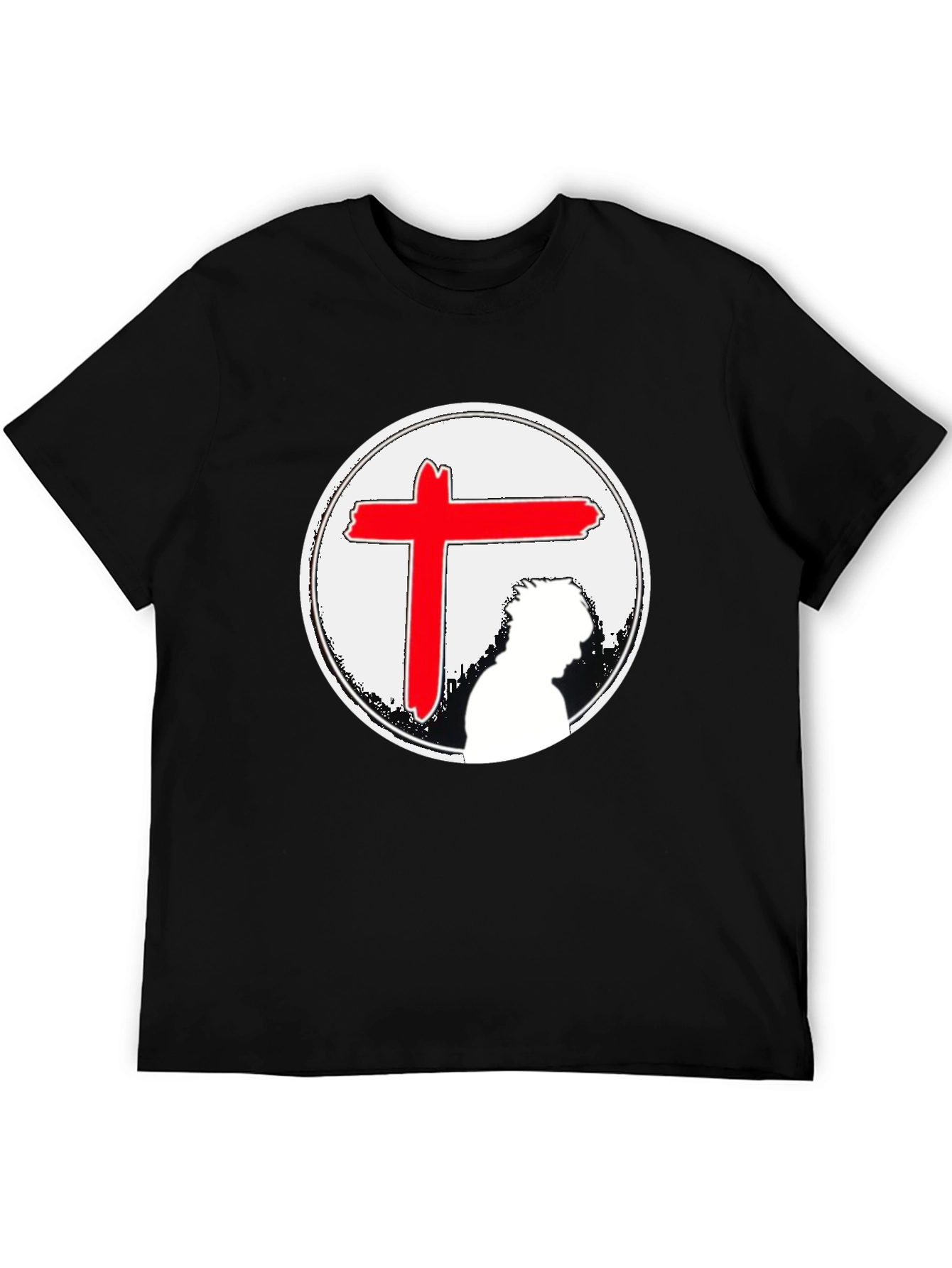 Black Graphic Tee with Red Cross & Figure view 5