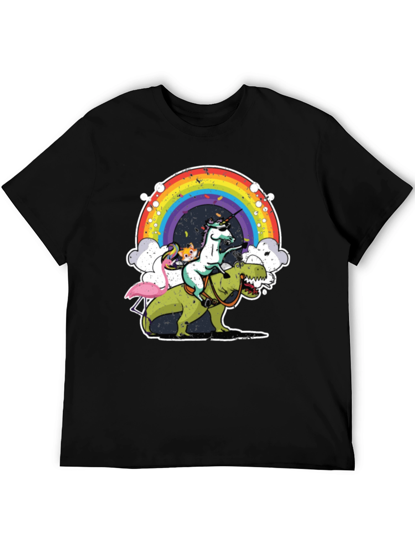 Black Unicorn Riding Dino T-Shirt Rainbow Funny Novelty Tee view 5