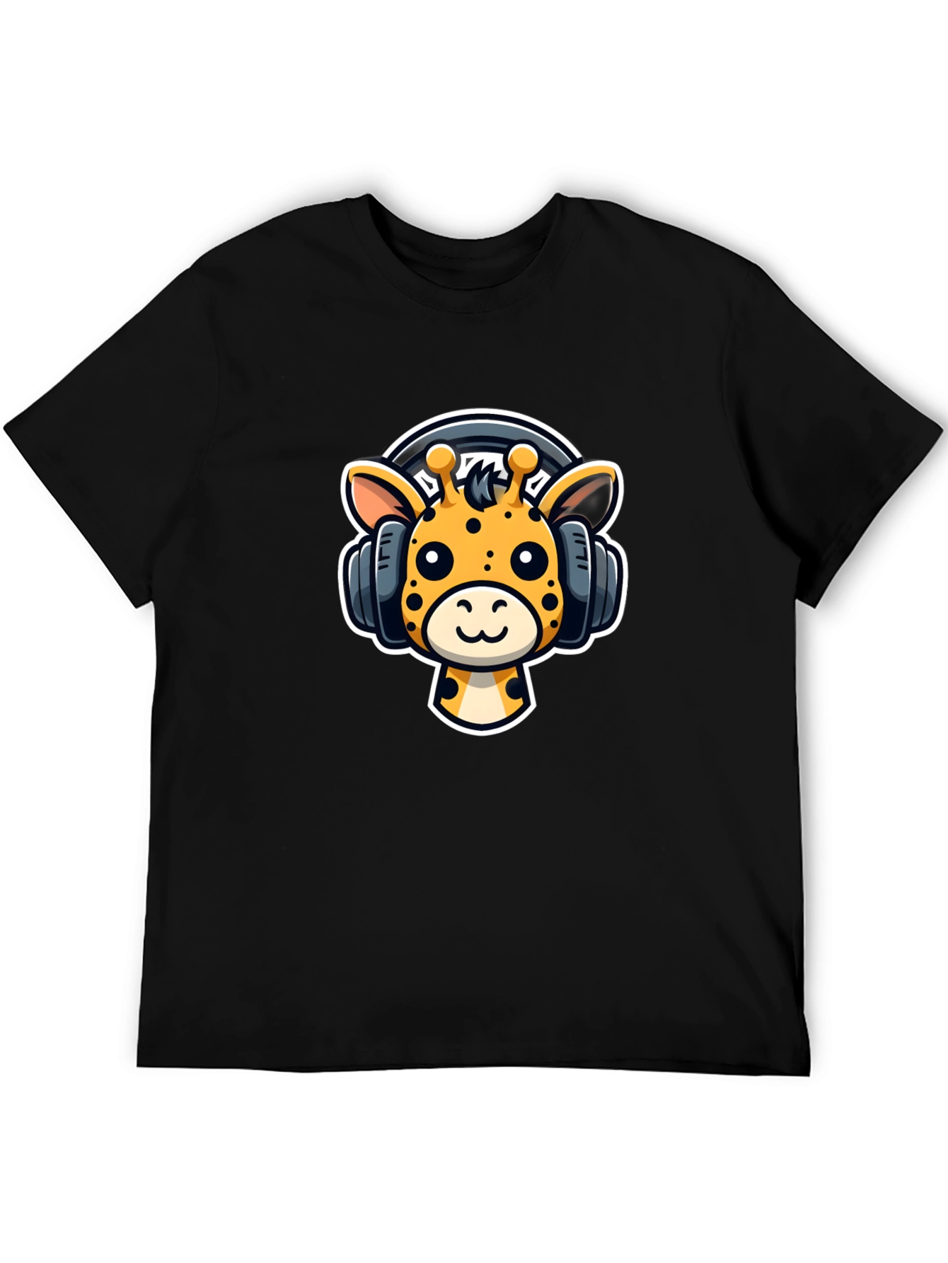 Black Cartoon Giraffe Headphones Graphic T-Shirt view 5