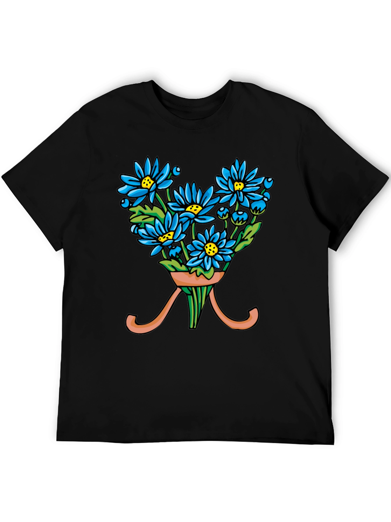 Black Floral Bouquet T-Shirt - Blue Daisy Design view 5