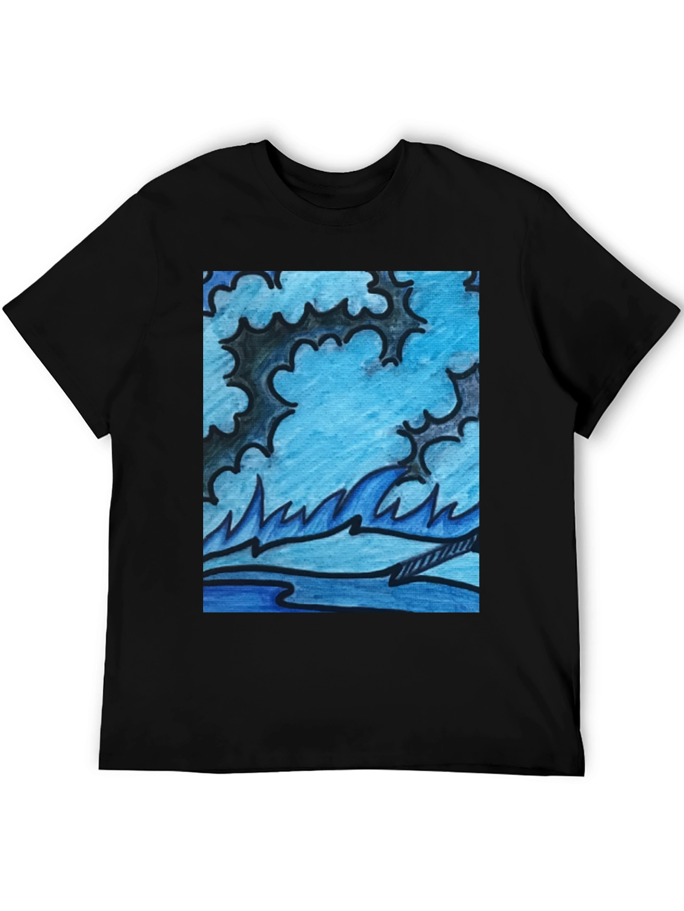 Black Abstract Blue Wave Graphic Black T-Shirt view 5