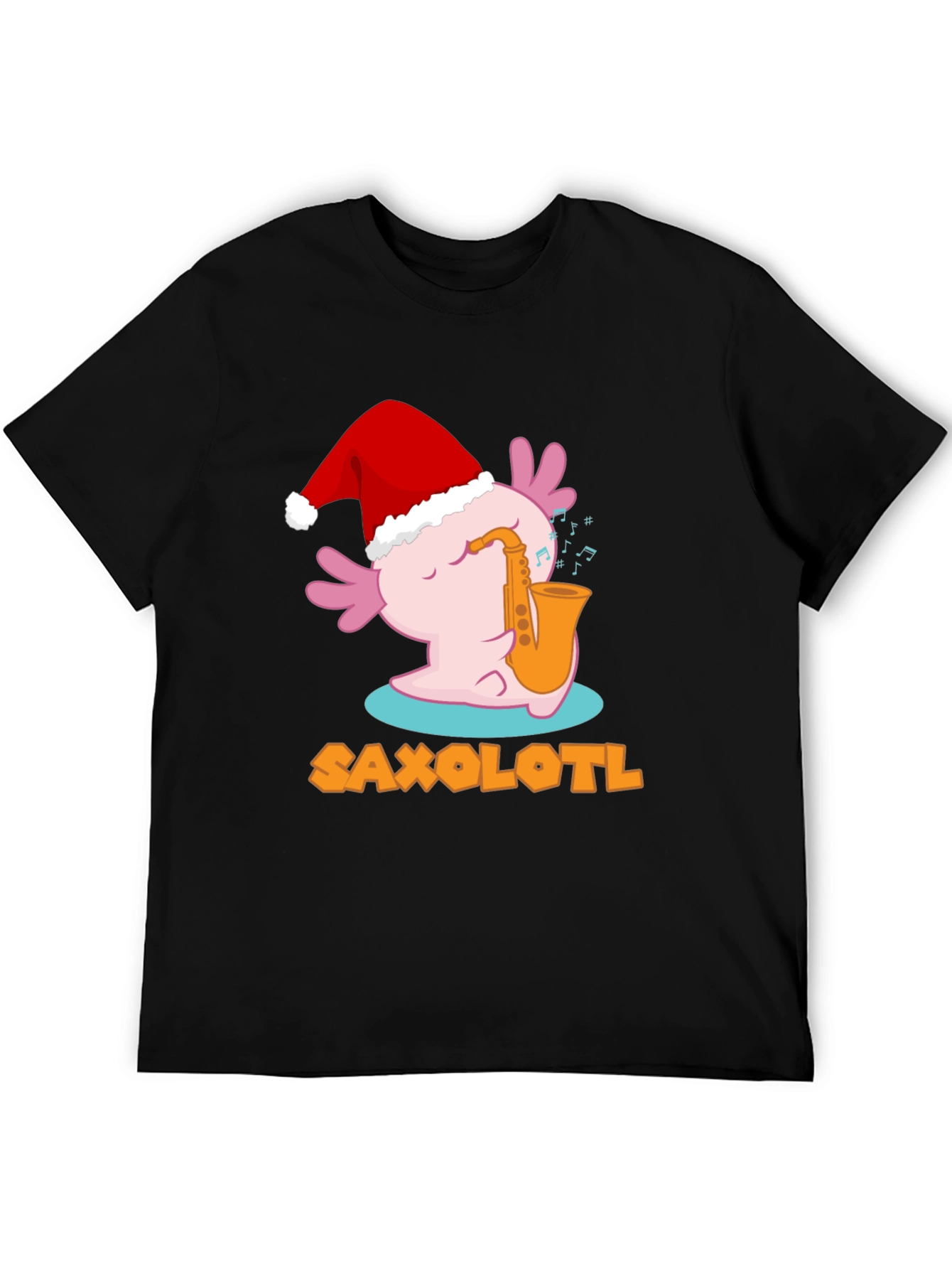 Black Saxolotl Santa Hat Christmas Black T-Shirt view 5