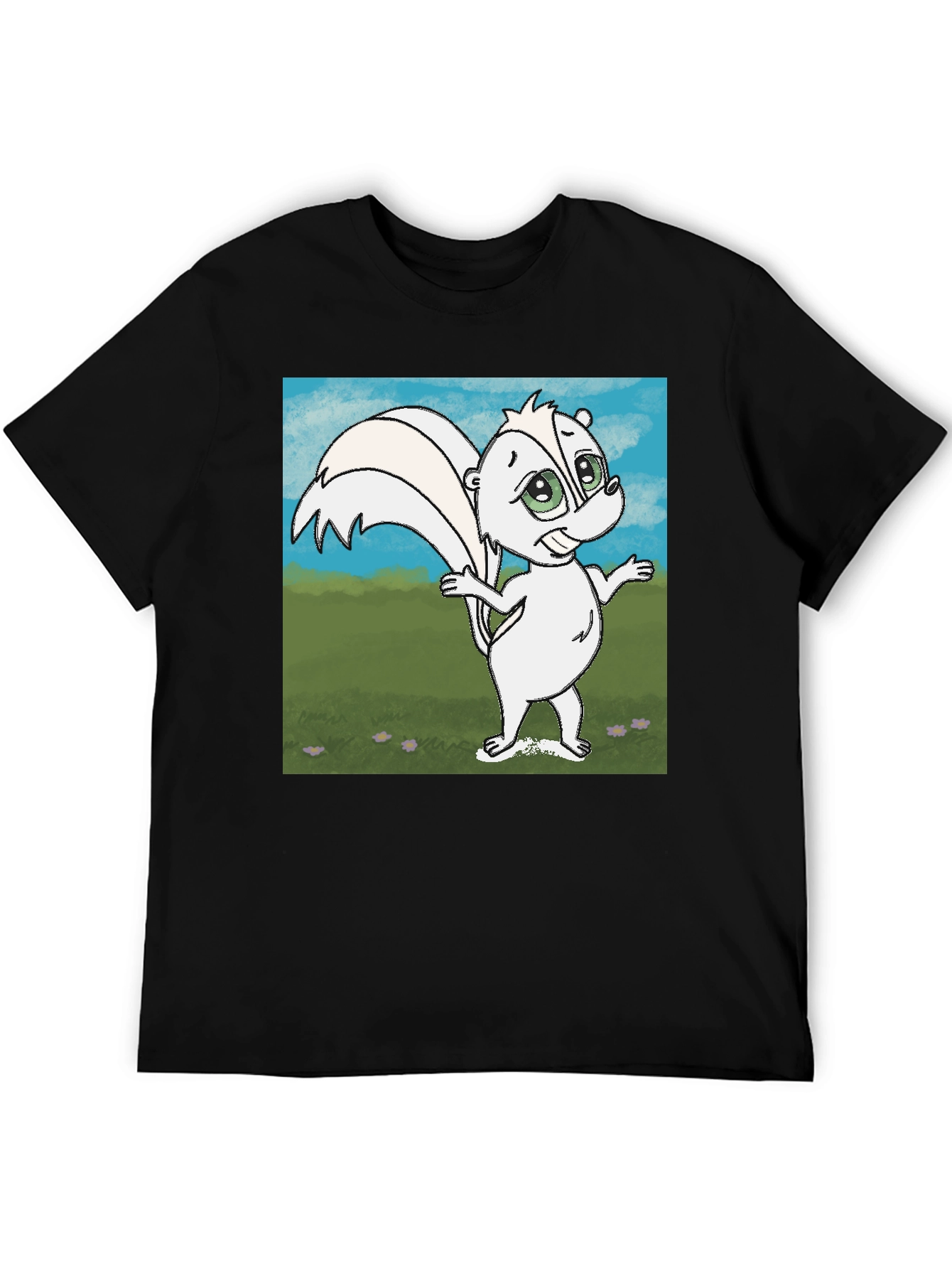 Black Cartoon Skunk Graphic T-Shirt - Unisex Cotton Tee view 5