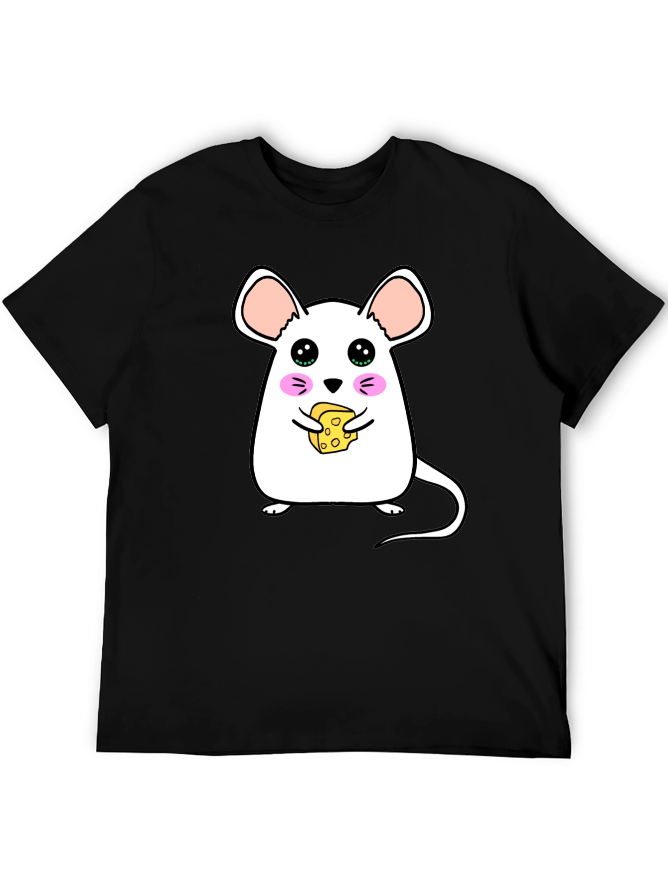 Black Cute Cartoon Mouse Eating Cheese Graphic T-Shirt view 5