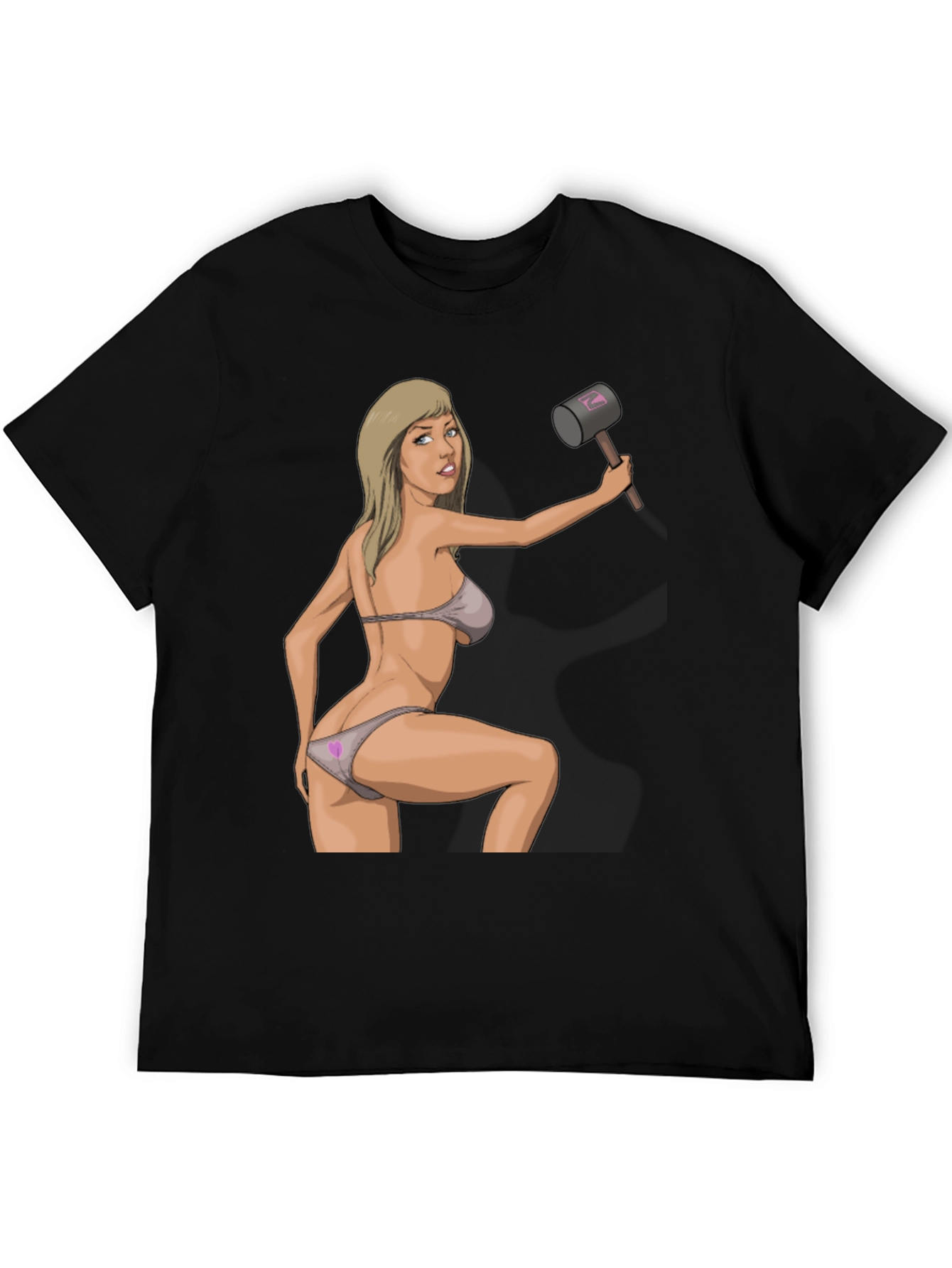 Black Humorous Graphic Tee - Sexy Woman with Hammer view 5