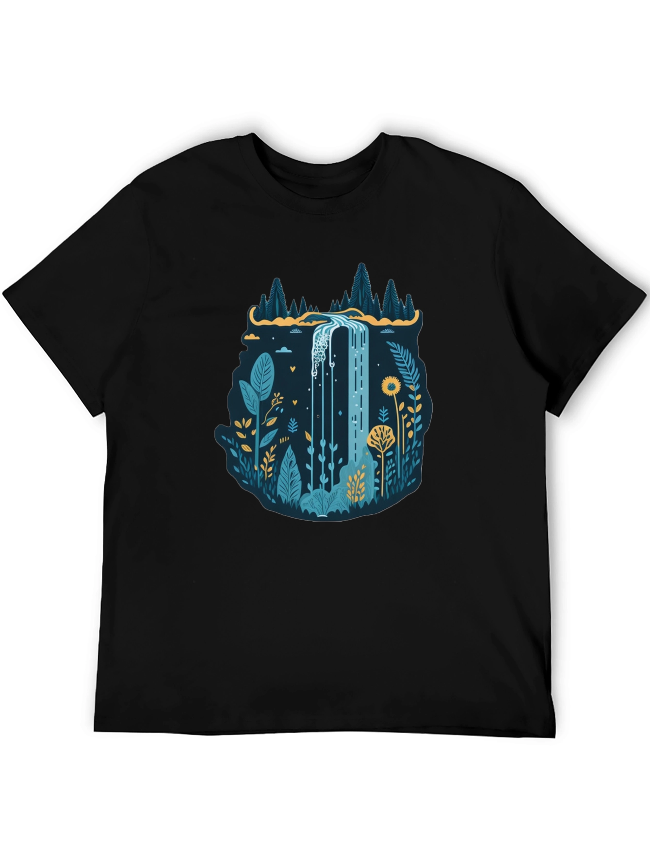 Black Nature Waterfall Graphic Black T-Shirt view 5