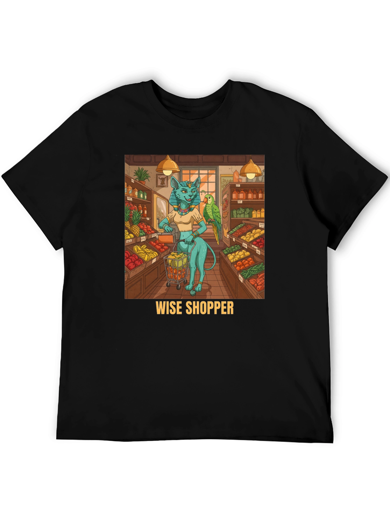 Black Wise Shopper T-Shirt, Cat Goddess, Fruit Market view 5