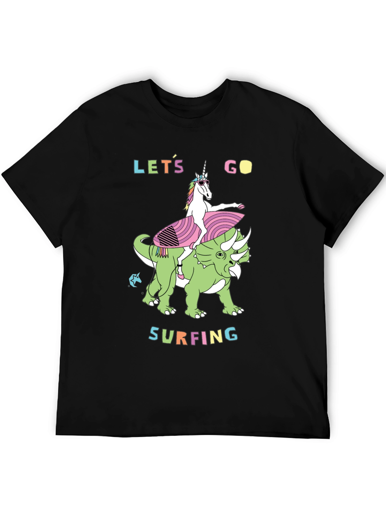 Black Unicorn Riding Dinosaur Graphic Tee - Let's Go Surfing view 5