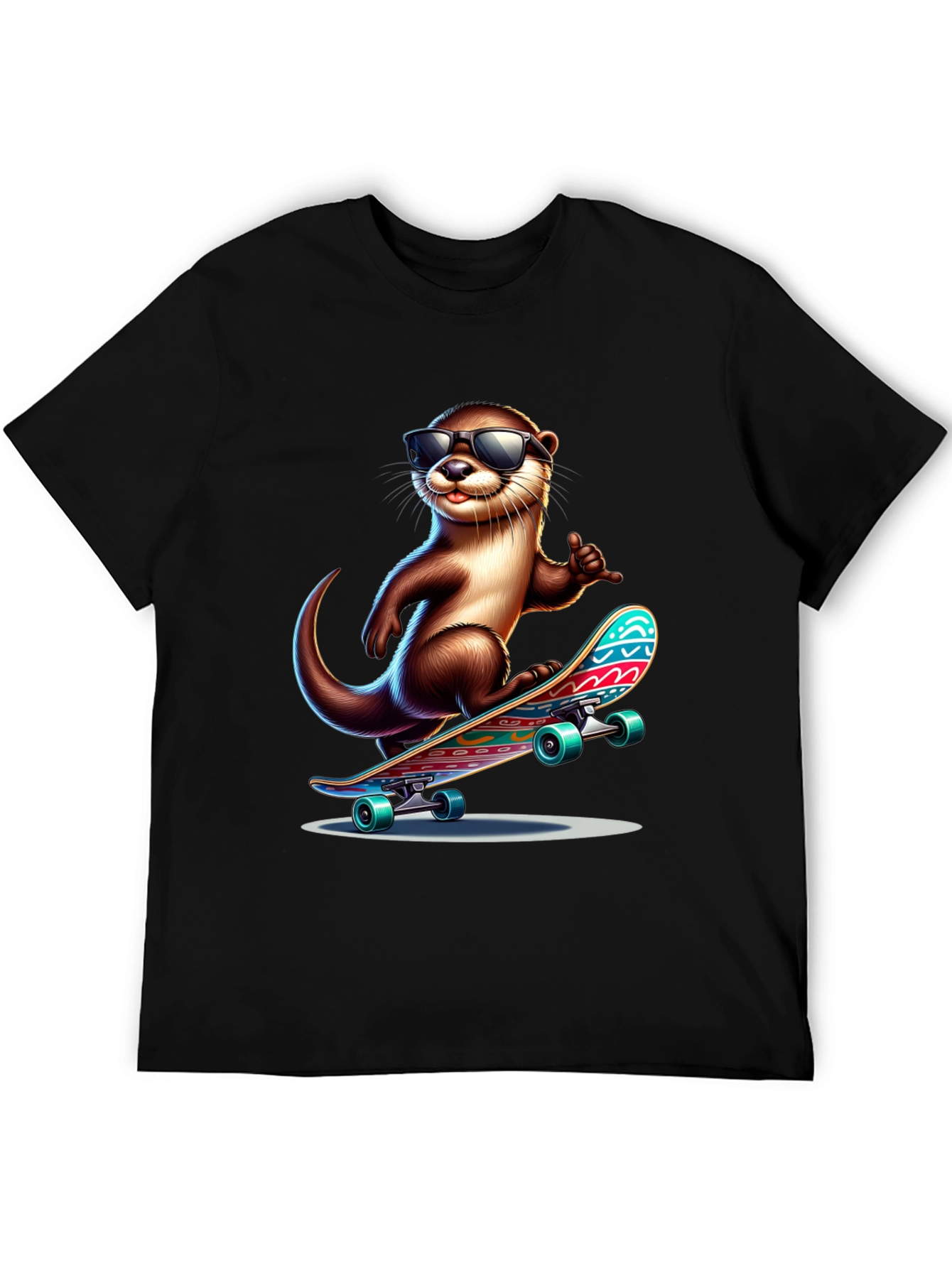 Black Cool Otter Skateboard T-Shirt - Black Cotton Tee view 5