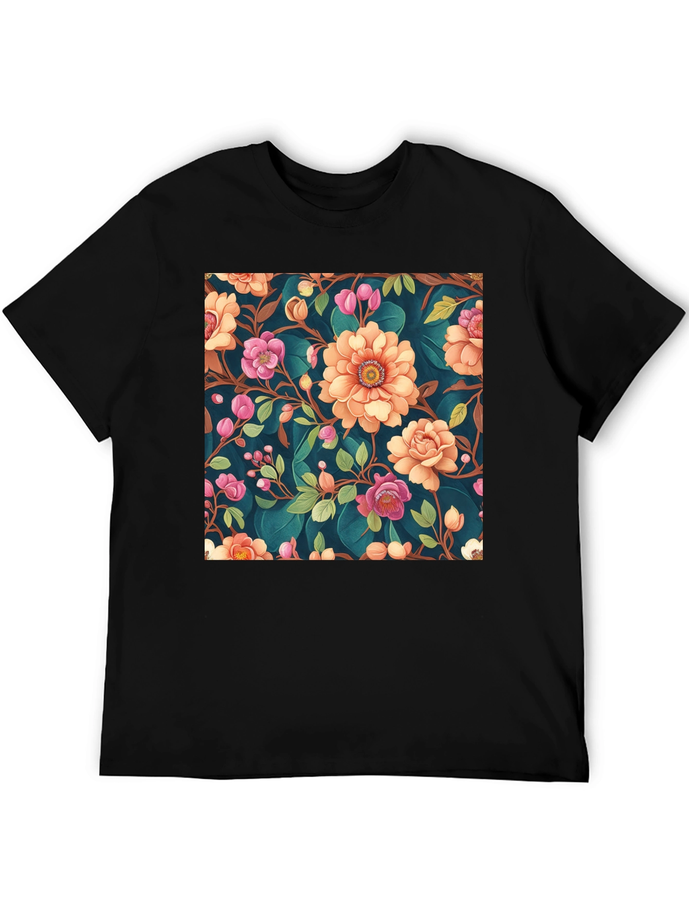 Black Floral Pattern Black T-Shirt: Stylish Print Tee view 5