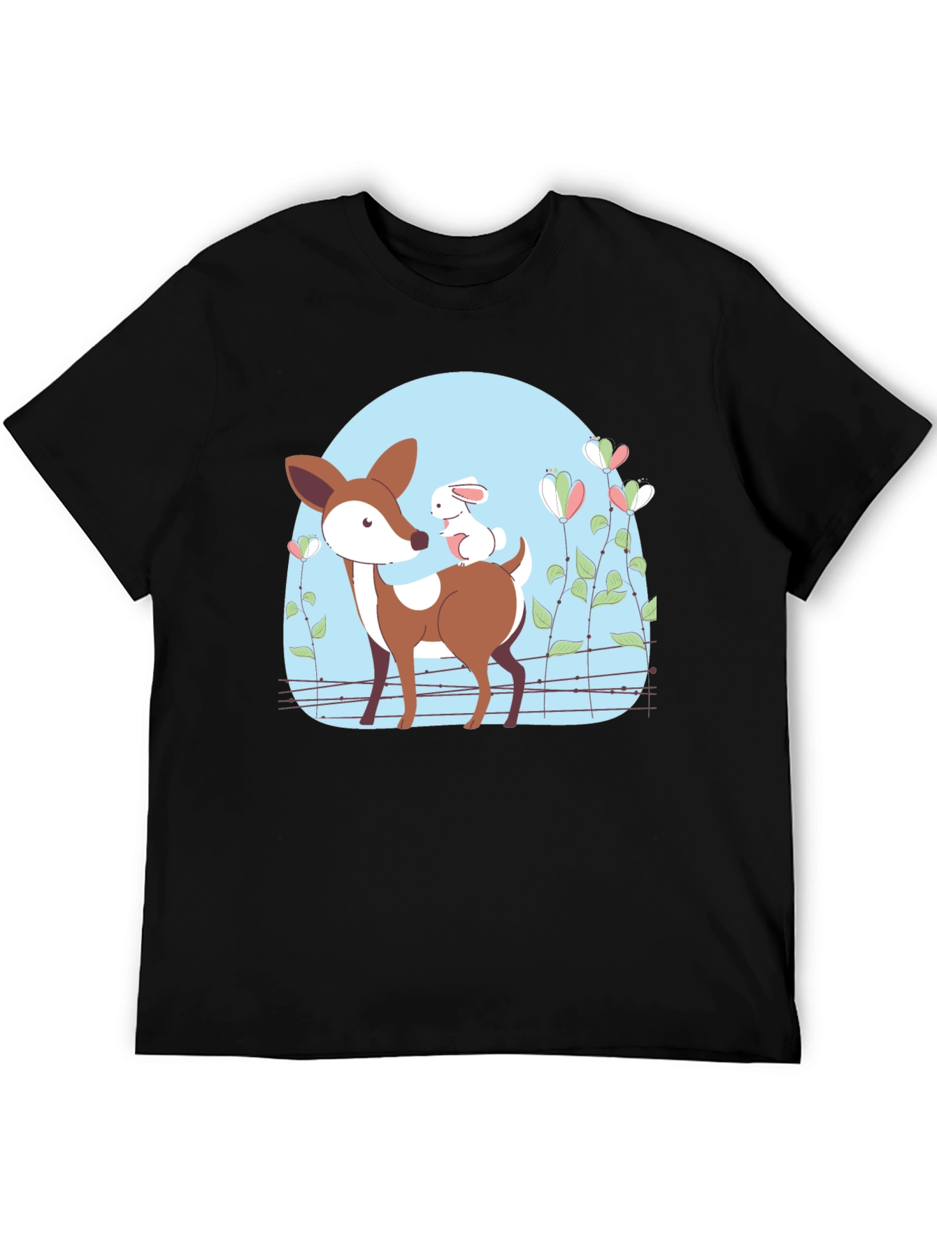 Black Cute Deer & Rabbit Graphic Black T-Shirt view 5