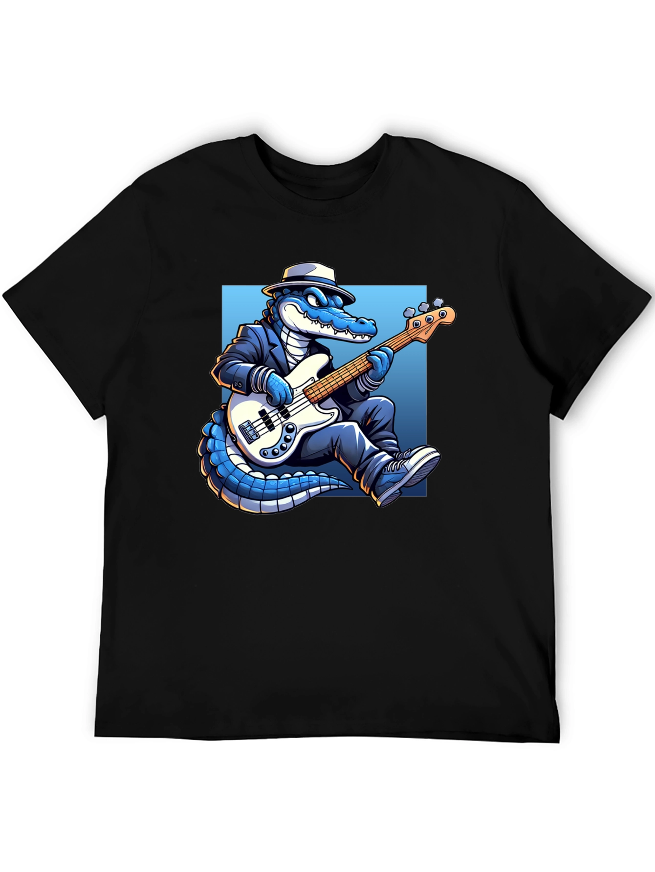 Black Cool Gator Playing Bass Guitar T-Shirt view 5