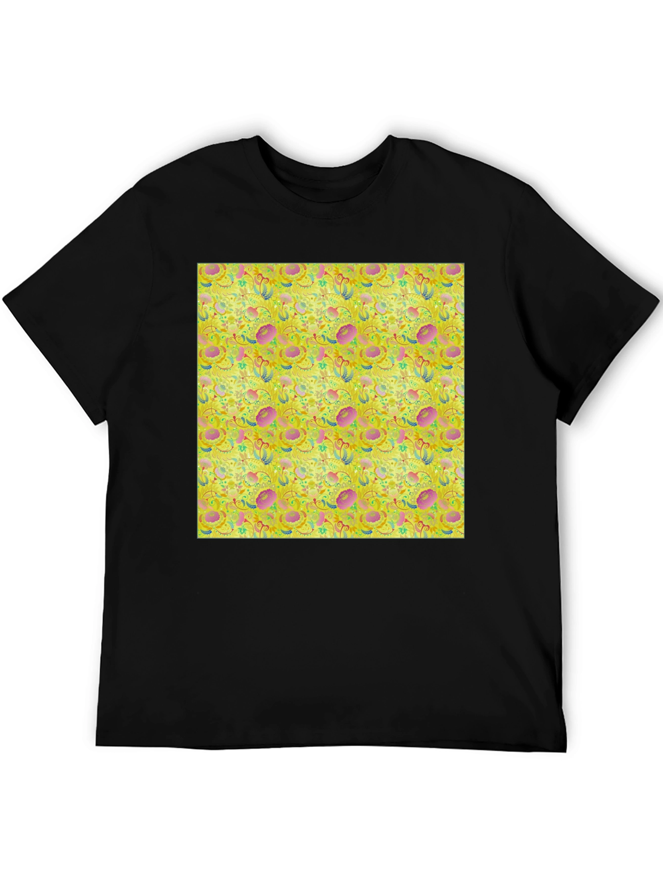 Black Floral Pattern T-Shirt - Funky Yellow Graphic Tee view 5