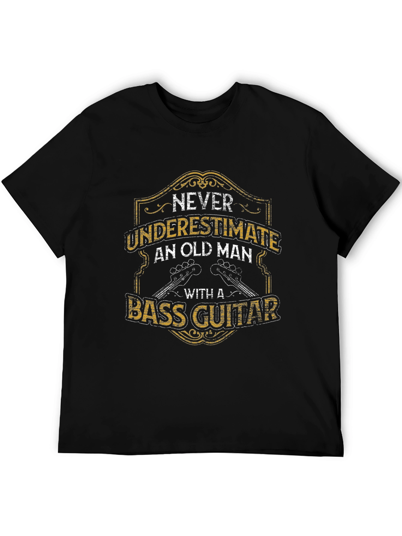 Black Never Underestimate Old Man with Bass Guitar Black T-Shirt view 5