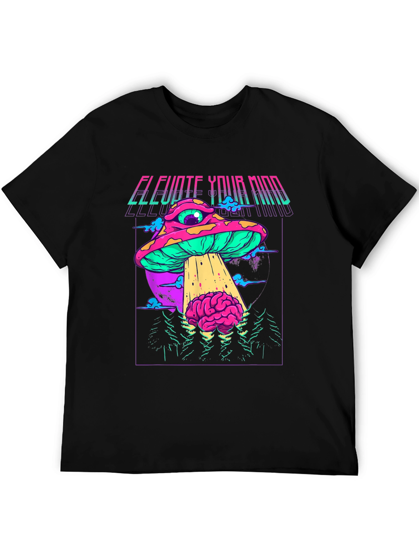 Black Elevate Your Mind Graphic T-Shirt - Retro Psychedelic Mushroom UFO view 5