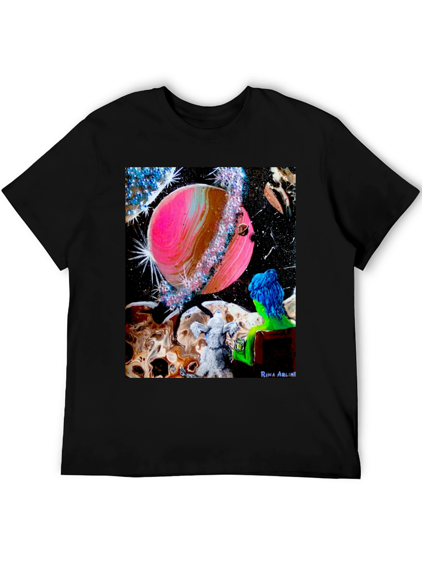 Black Cosmic Dreamer T-Shirt: Pink Planet & Blue Haired Girl view 5