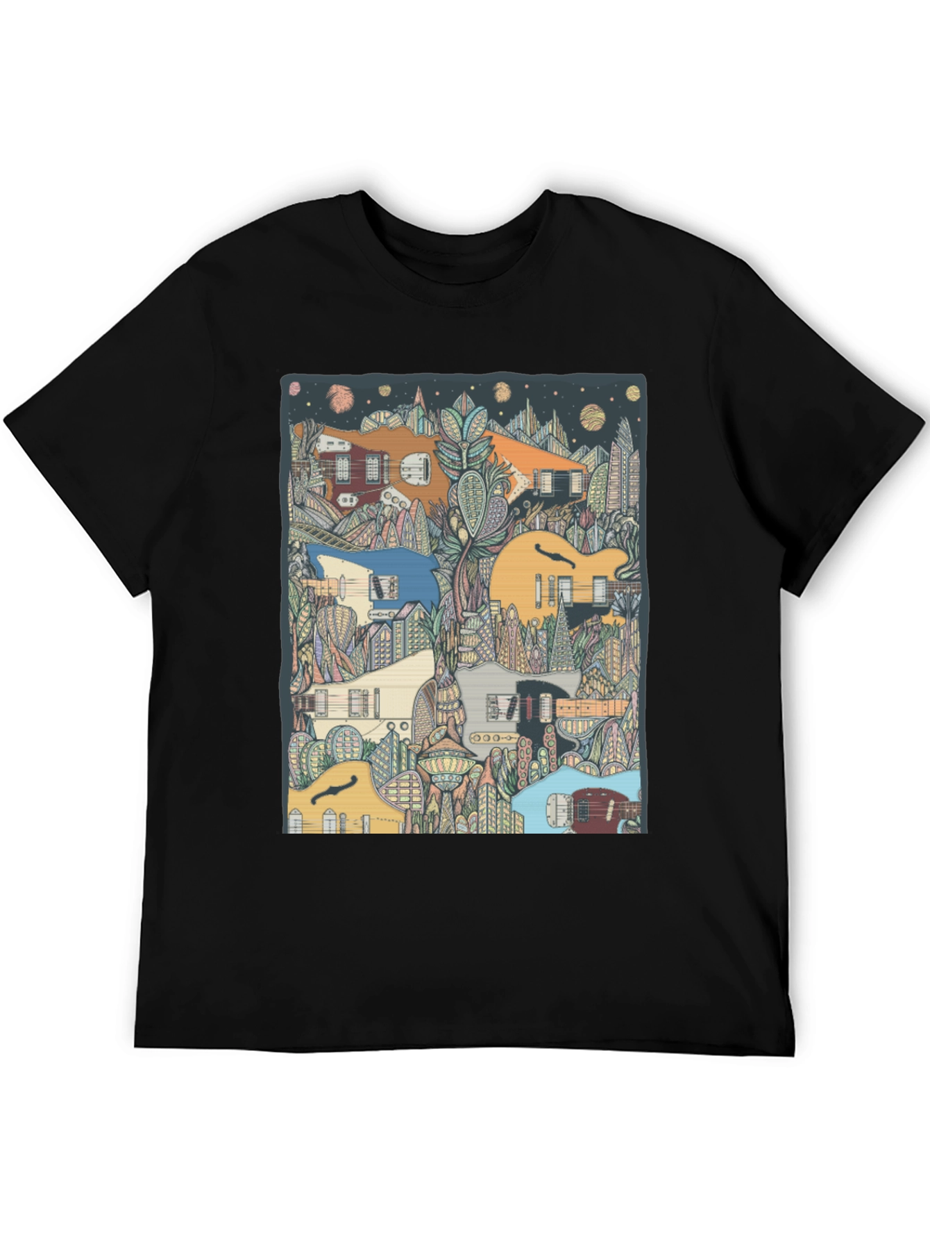 Black Guitar Cityscape T-Shirt - Music Lover Tee view 5