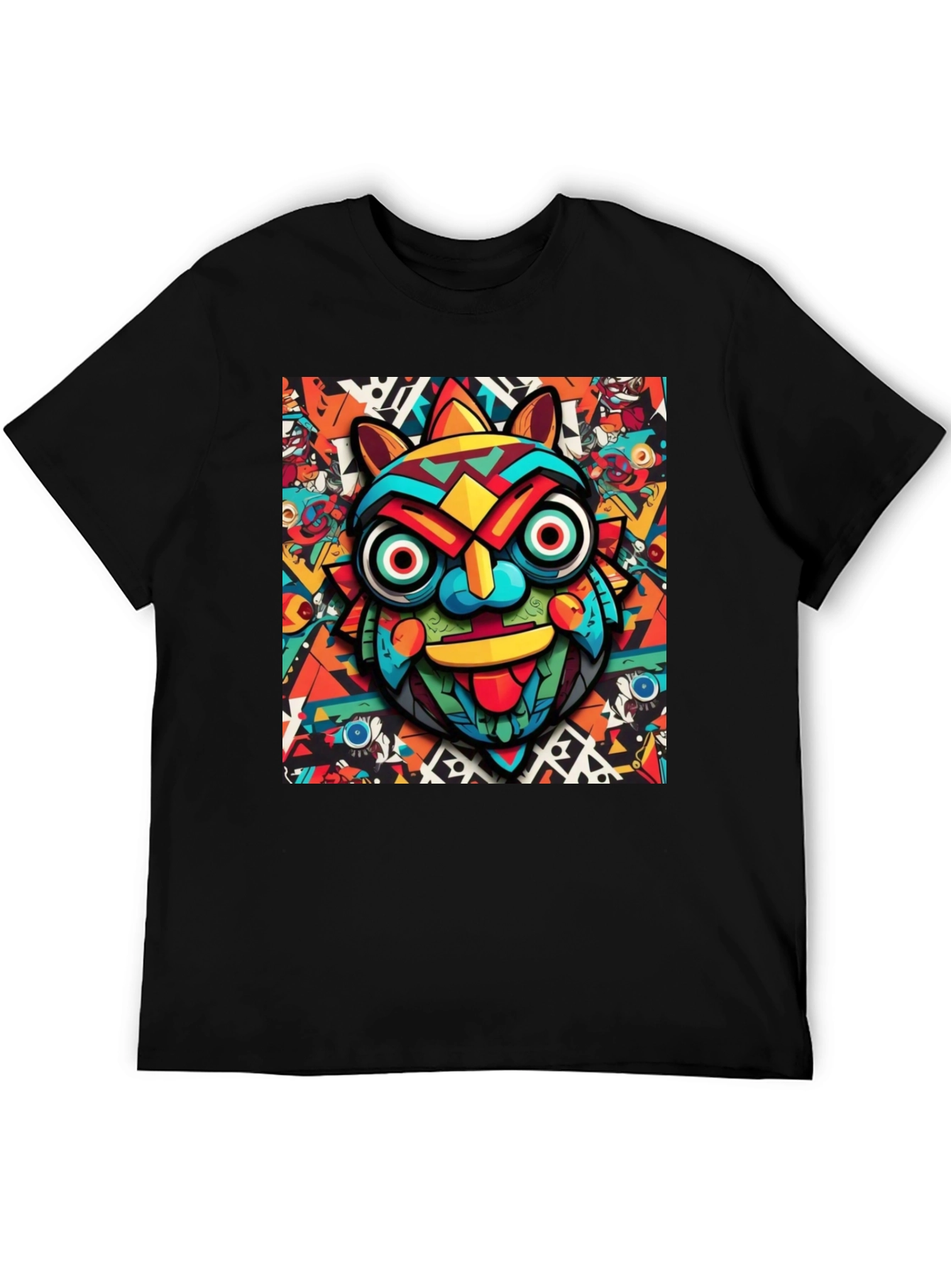Black Bold Graphic Tee - Colorful Tribal Mask Design view 5
