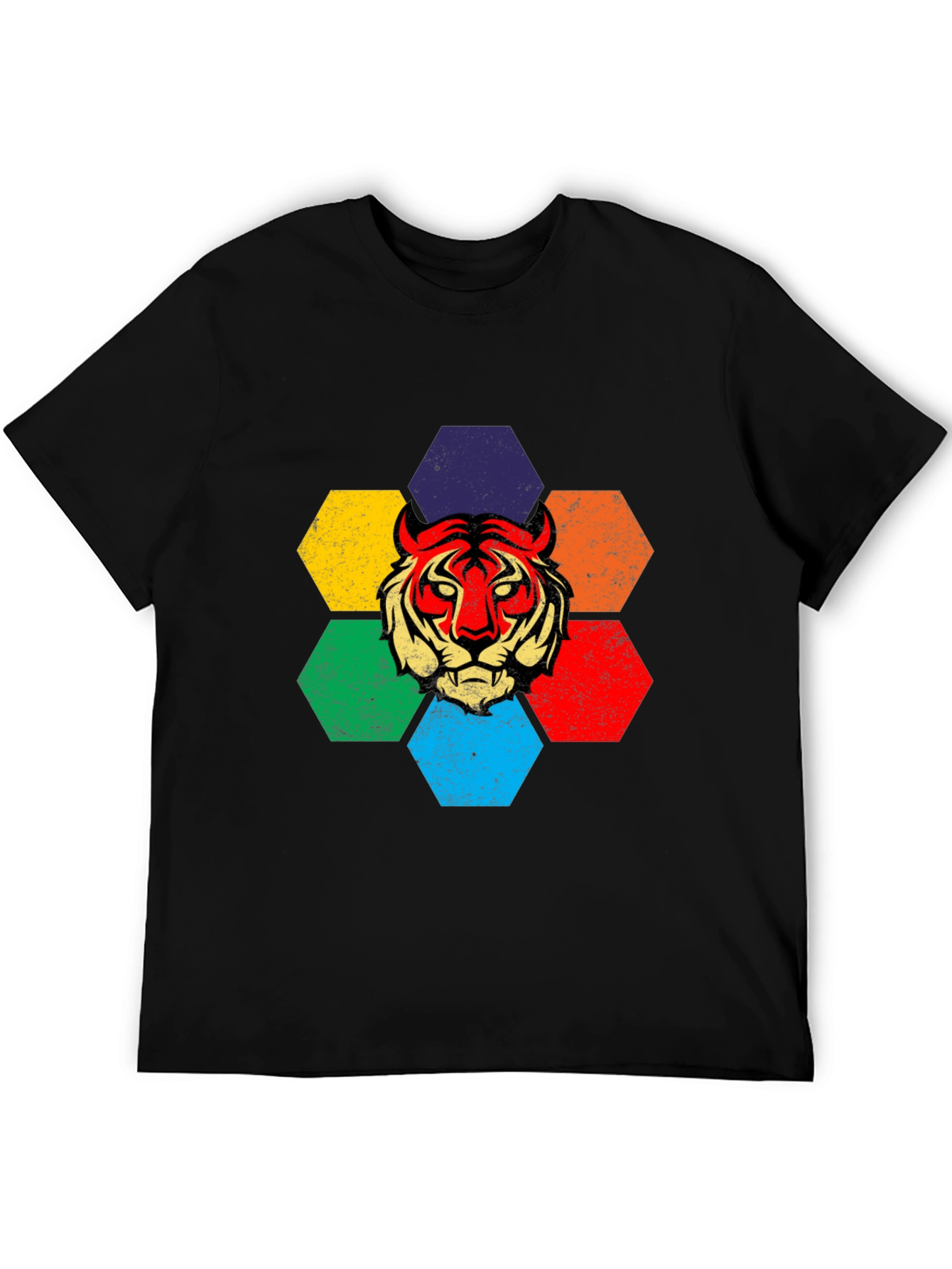 Black Retro Tiger Graphic Tee - Colorful Hexagon Design view 5