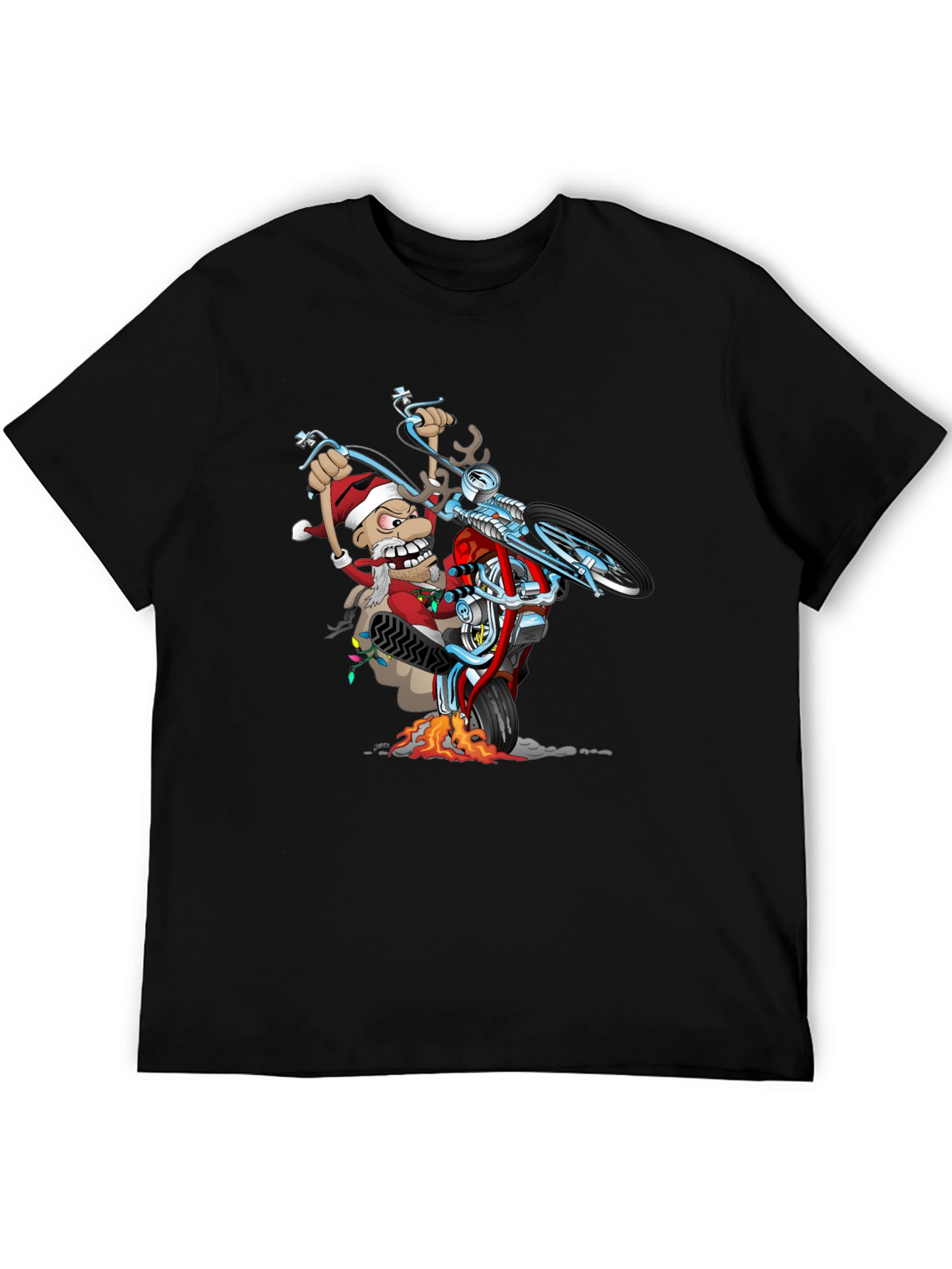 Black Santa Biker T-Shirt - Holiday Motorcycle Wheelie Tee view 5
