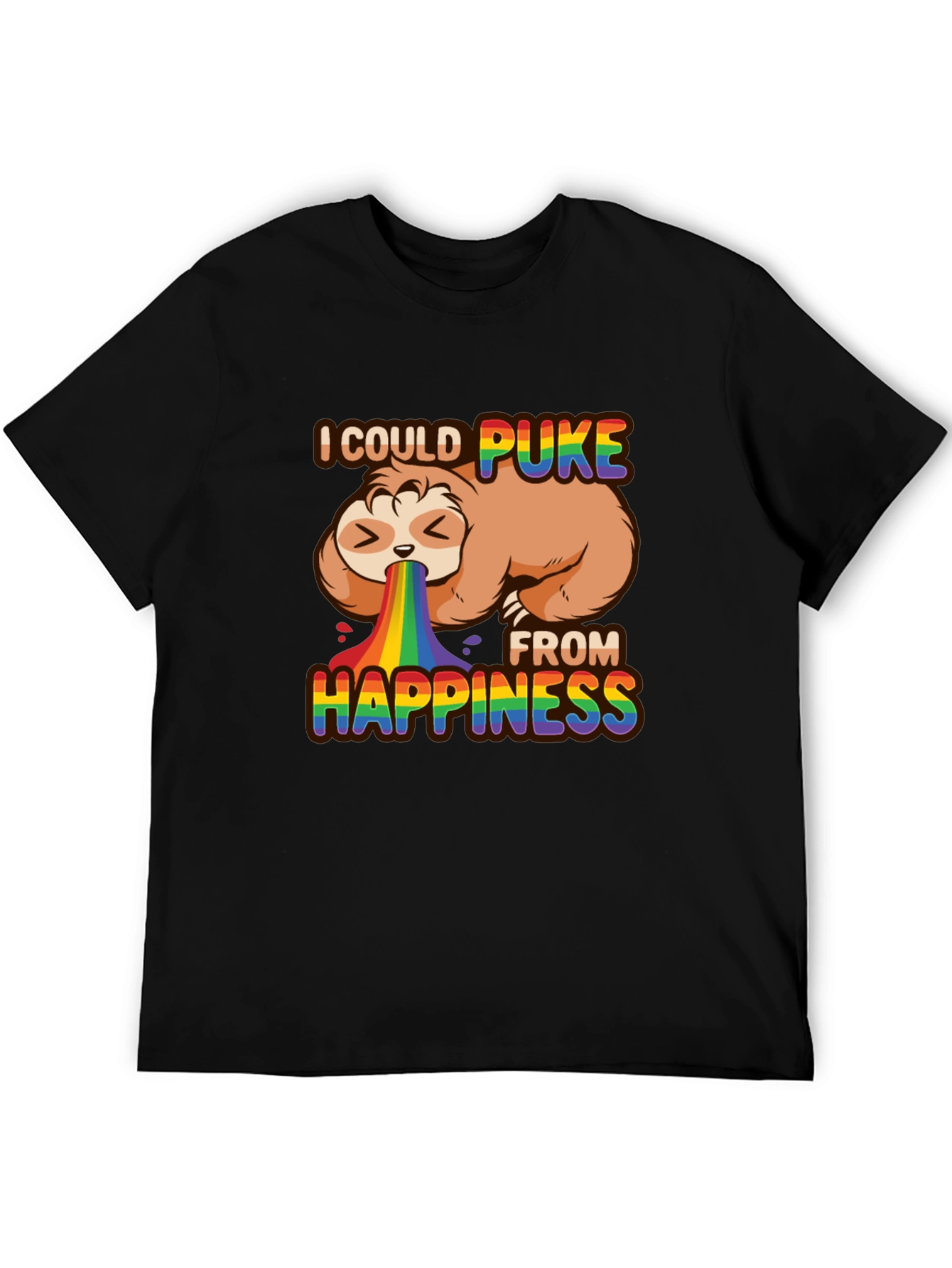 Black Sloth Rainbow Puke Happiness T-Shirt view 5