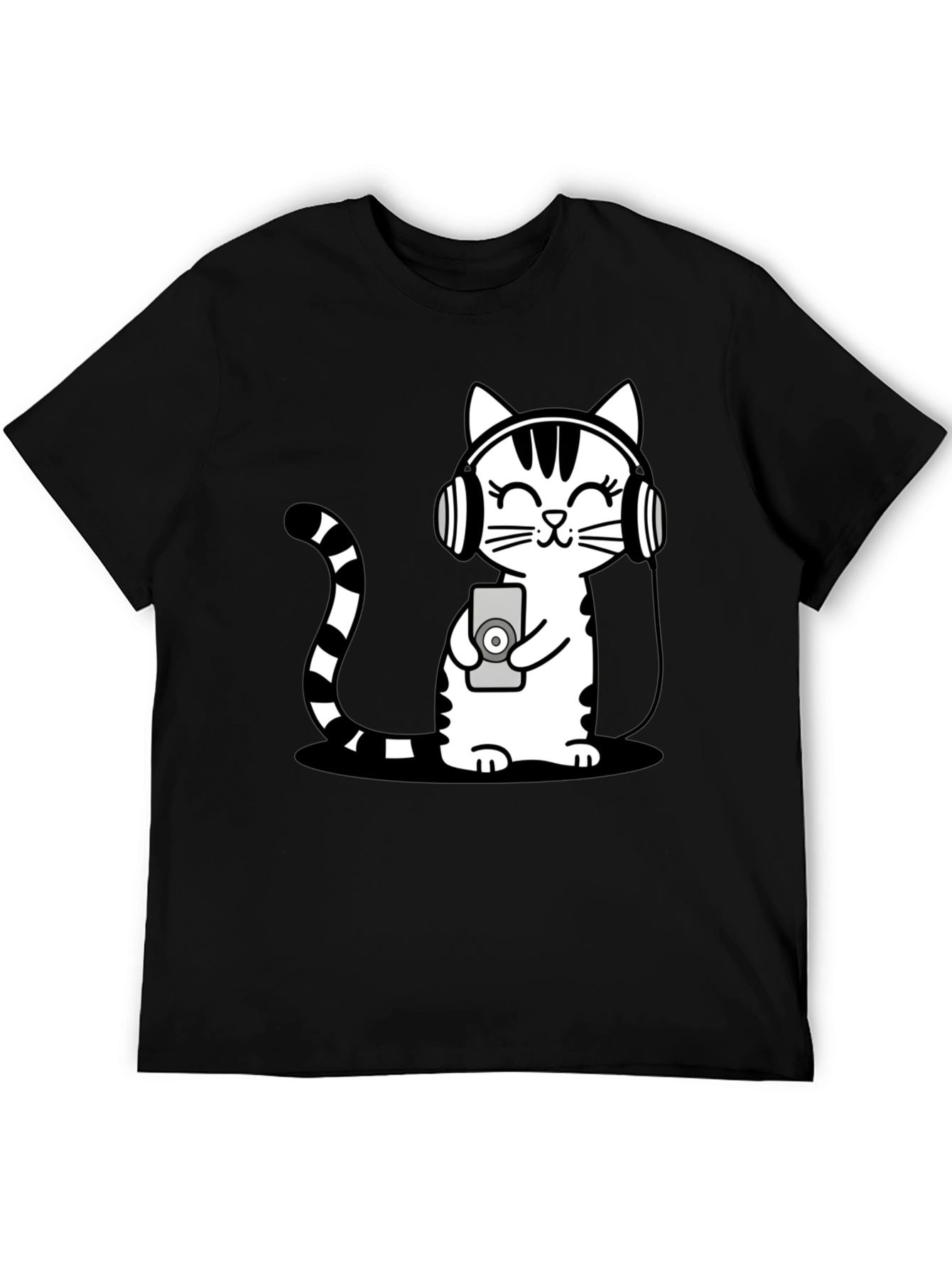 Black Cool Cat Headphones Graphic T-Shirt view 5