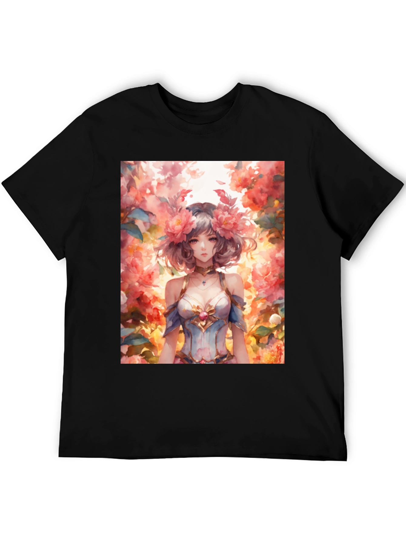 Black Floral Anime Girl Graphic Tee - Stylish & Unique view 5