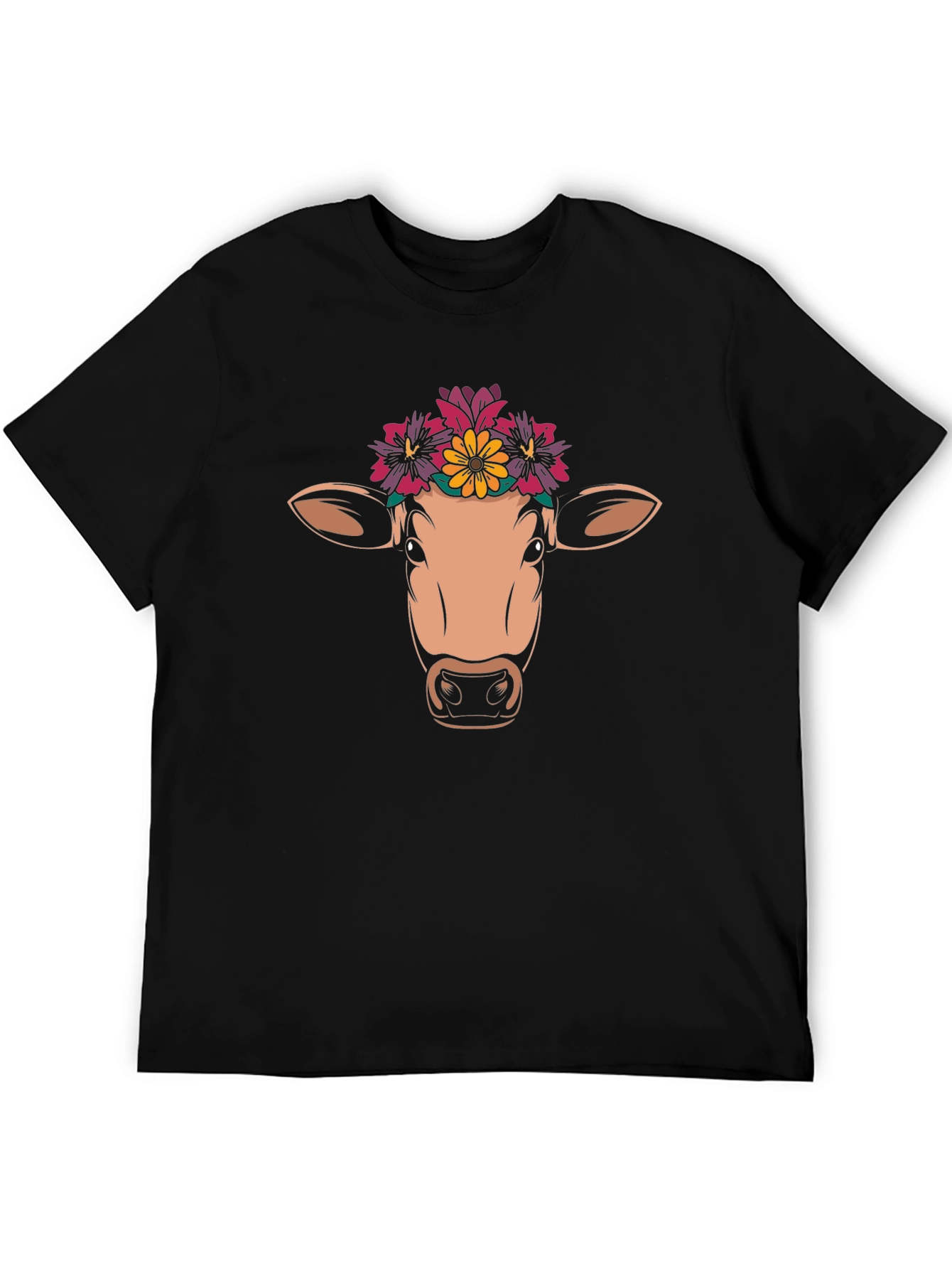 Black Floral Cow Graphic Tee - Unisex Black T-Shirt view 5