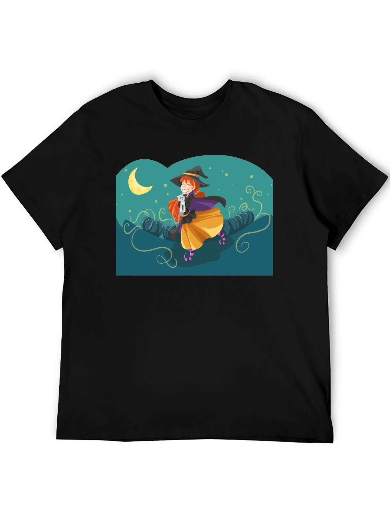 Black Whimsical Witch Graphic Tee - Black Cotton Shirt view 5
