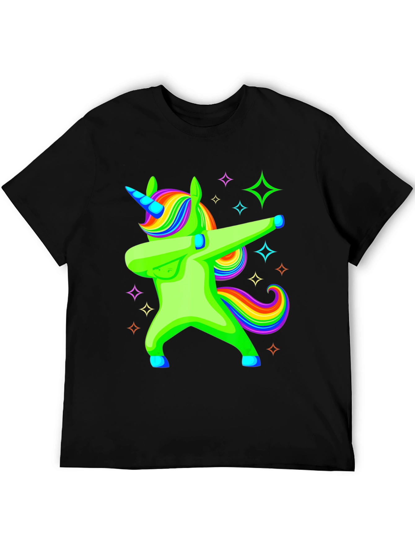 Black Dabbing Unicorn Graphic Tee - Rainbow Mane Black T-Shirt view 5