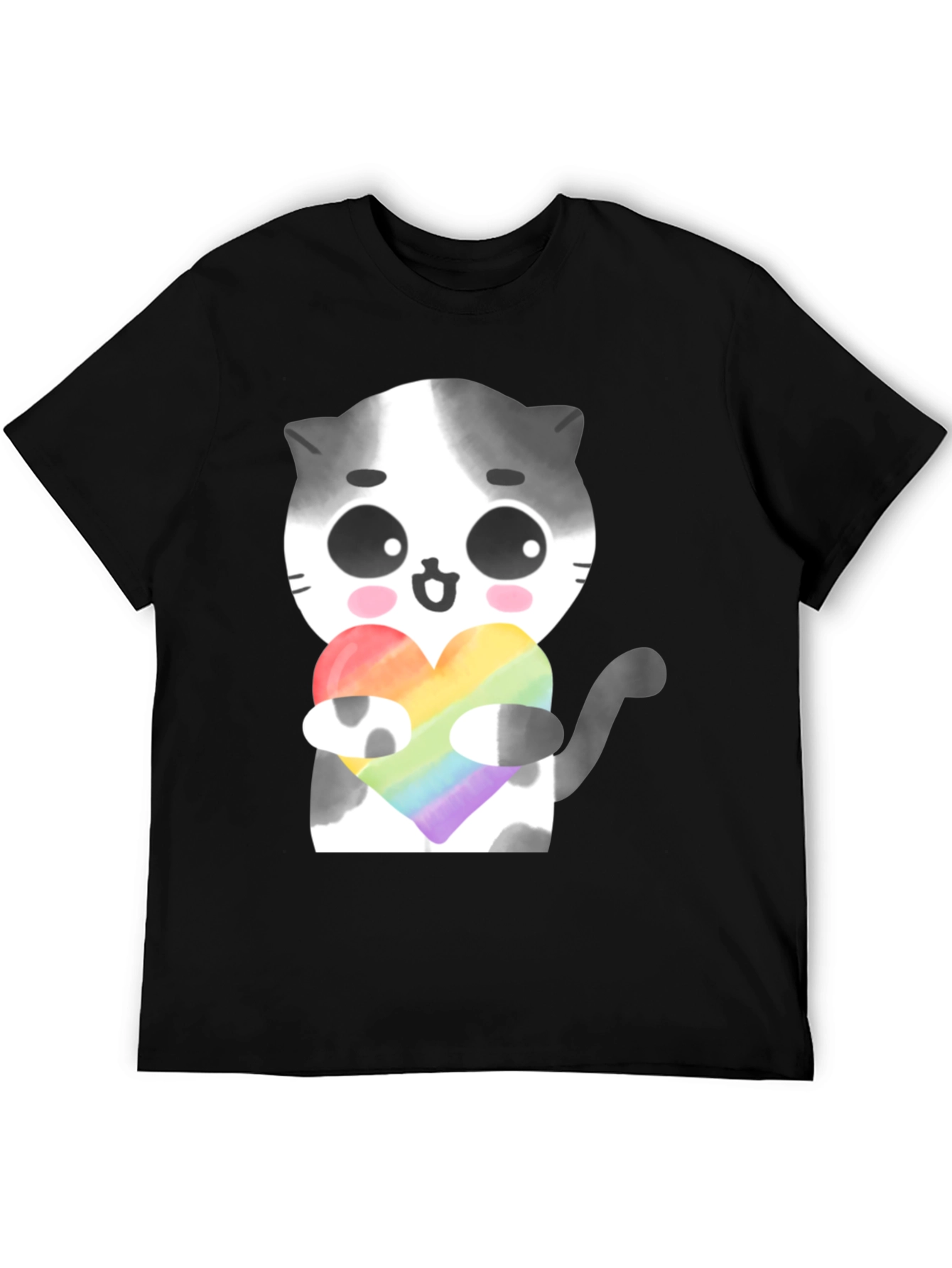 Black Cute Cat Holding Rainbow Heart T-Shirt view 5