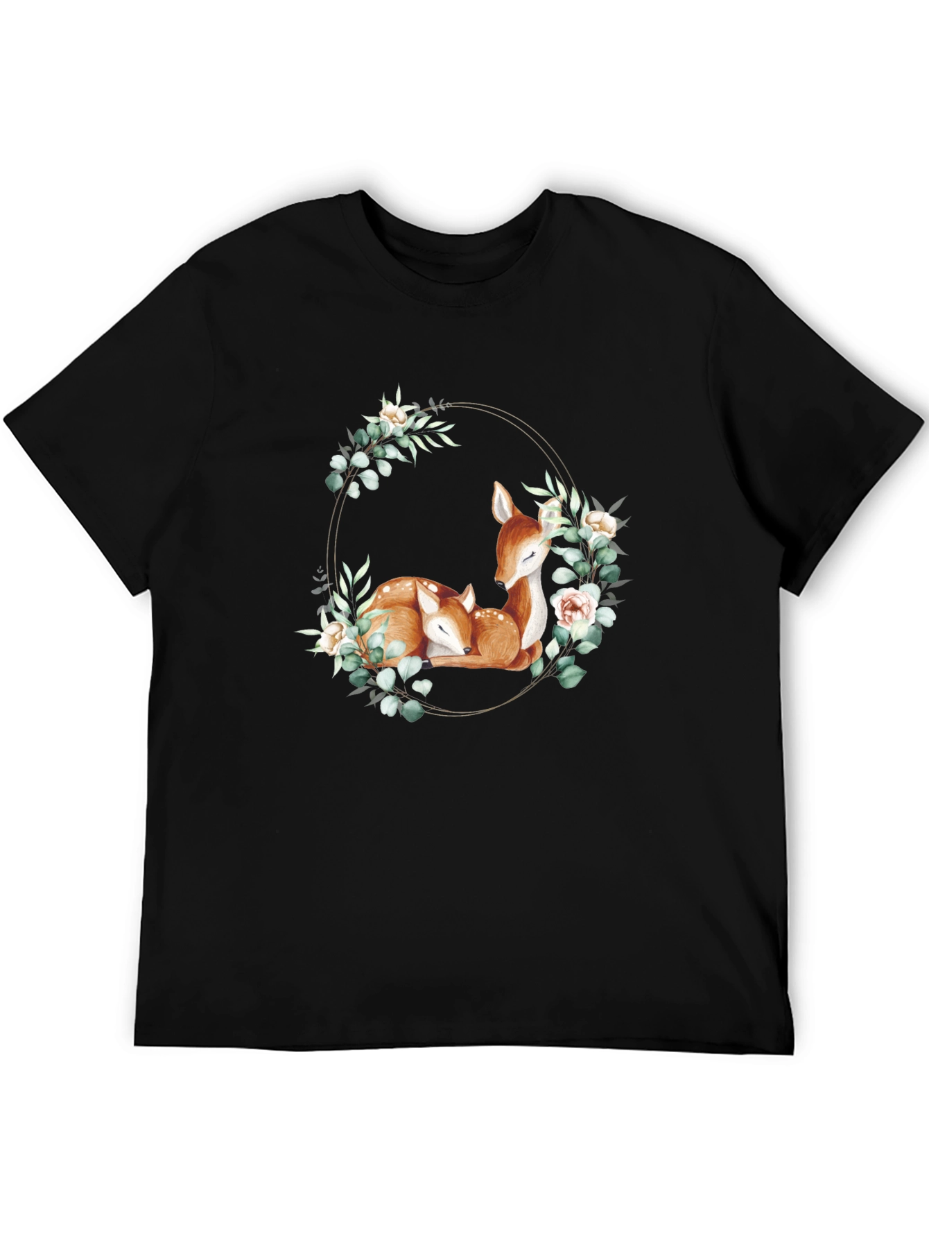 Black Deer Floral Wreath Black T-Shirt view 5