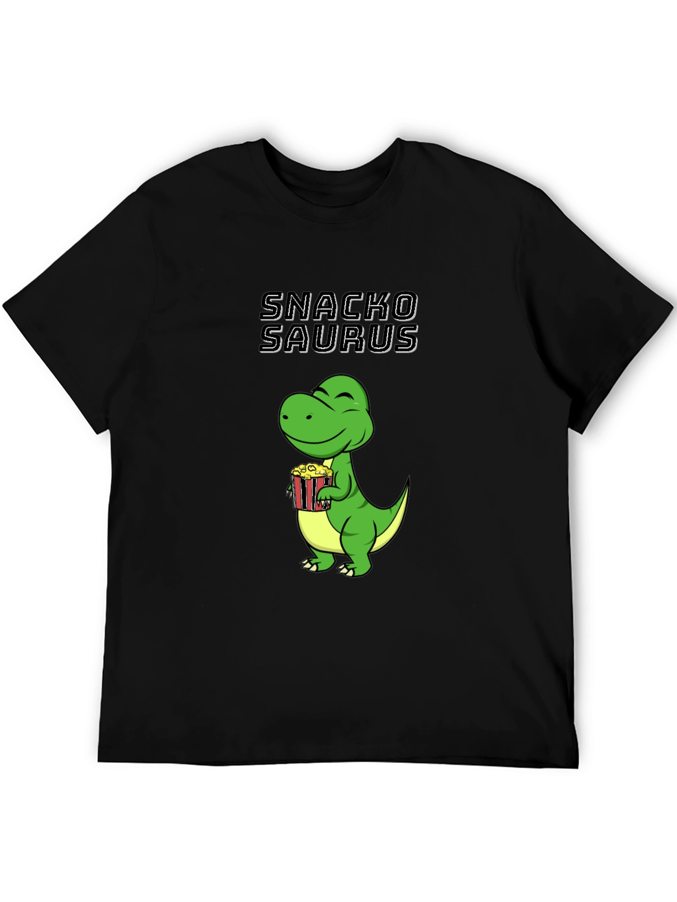 Black Snackosaurus T-Shirt - Funny Dinosaur Eating Popcorn Tee view 5