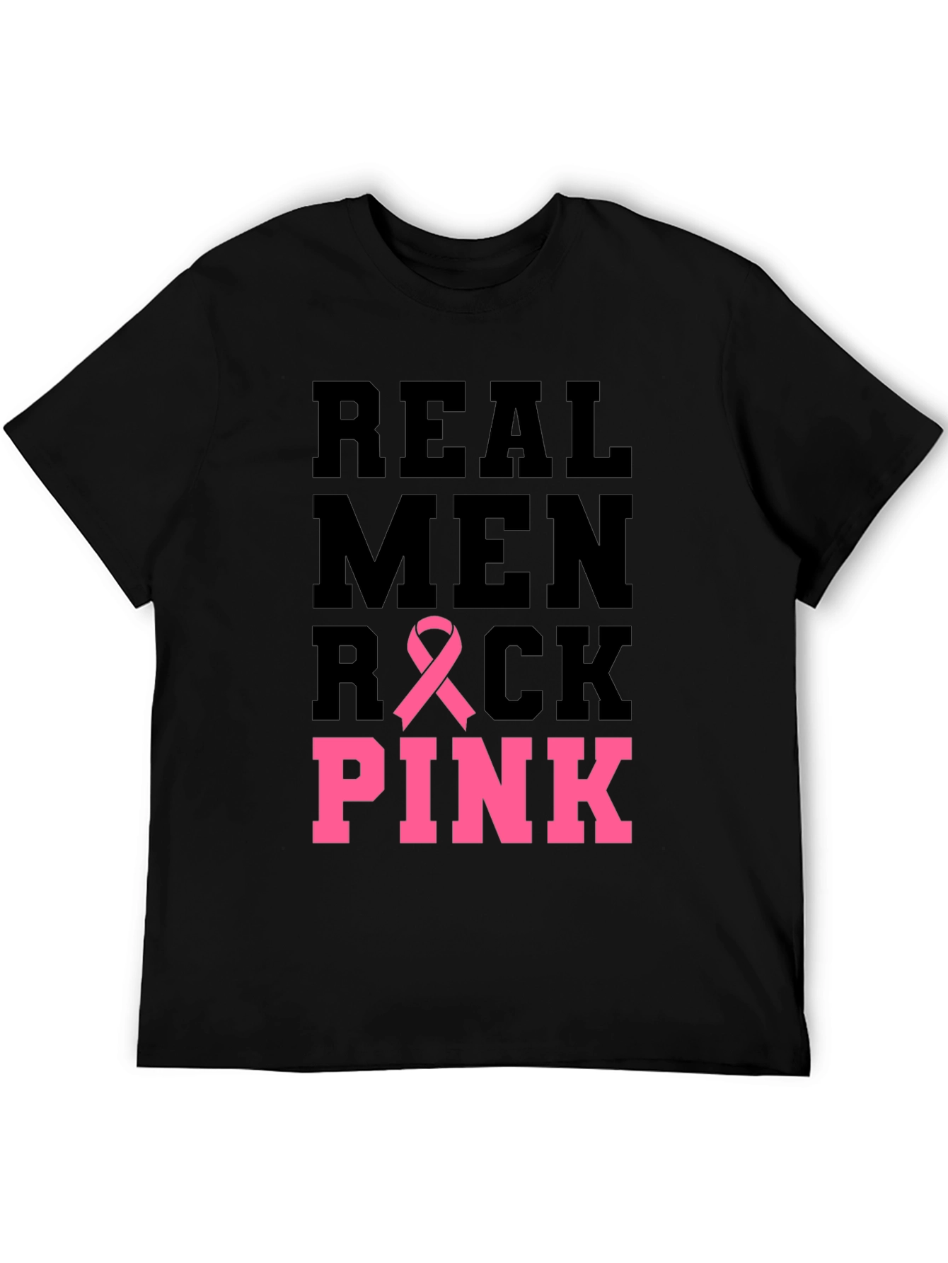 Black Real Men Rock Pink Breast Cancer Awareness T-Shirt view 5