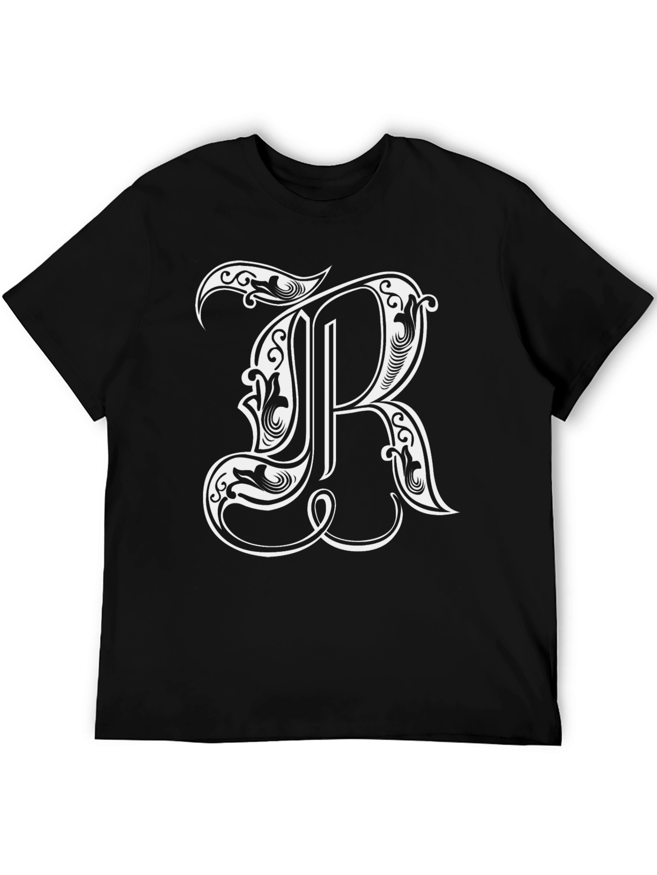 Black Ornate Initial 'R' Black Graphic T-Shirt view 5