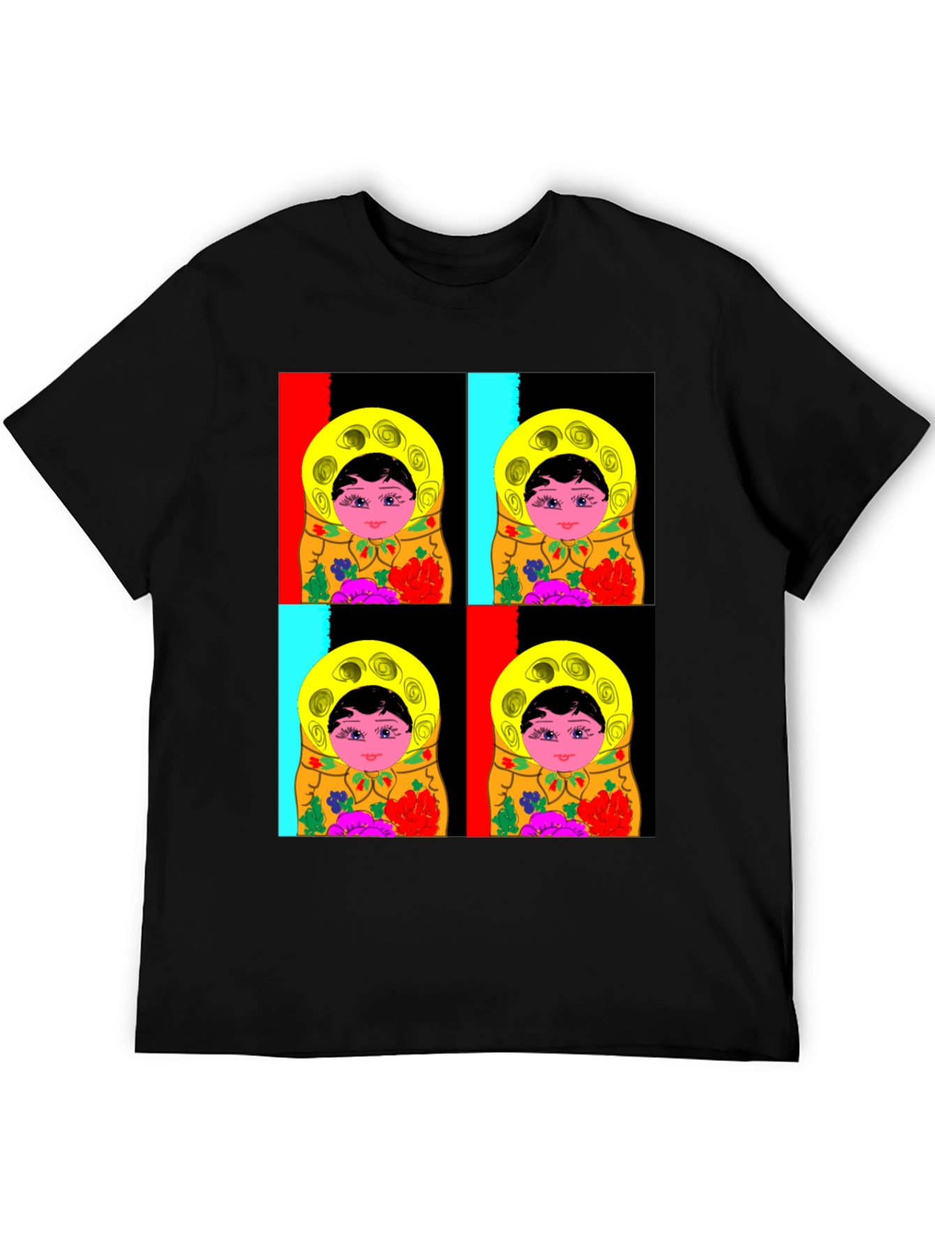 Black Matryoshka Doll Graphic T-Shirt, Black Cotton Tee view 5