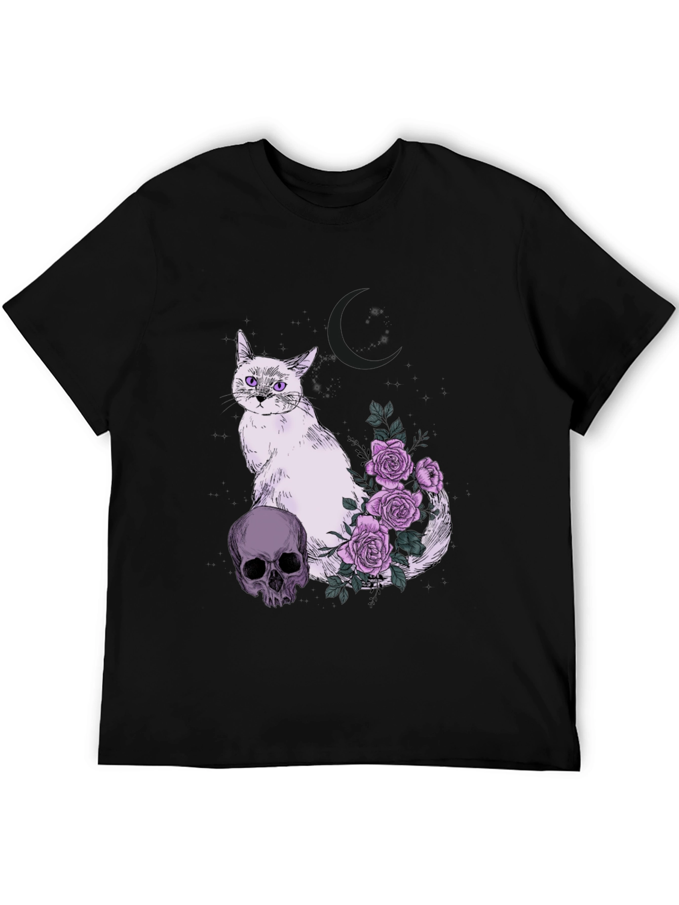 Black Gothic Cat Skull & Roses T-Shirt view 5