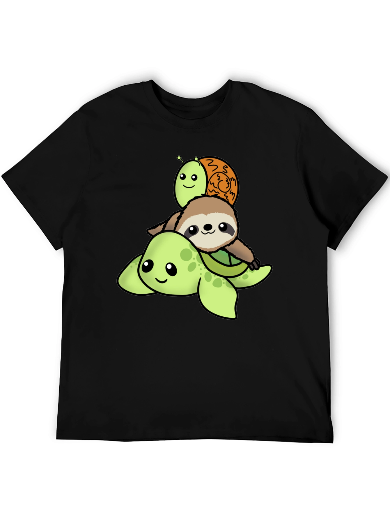 Black Turtle, Sloth, Snail Cartoon Stack T-Shirt view 5